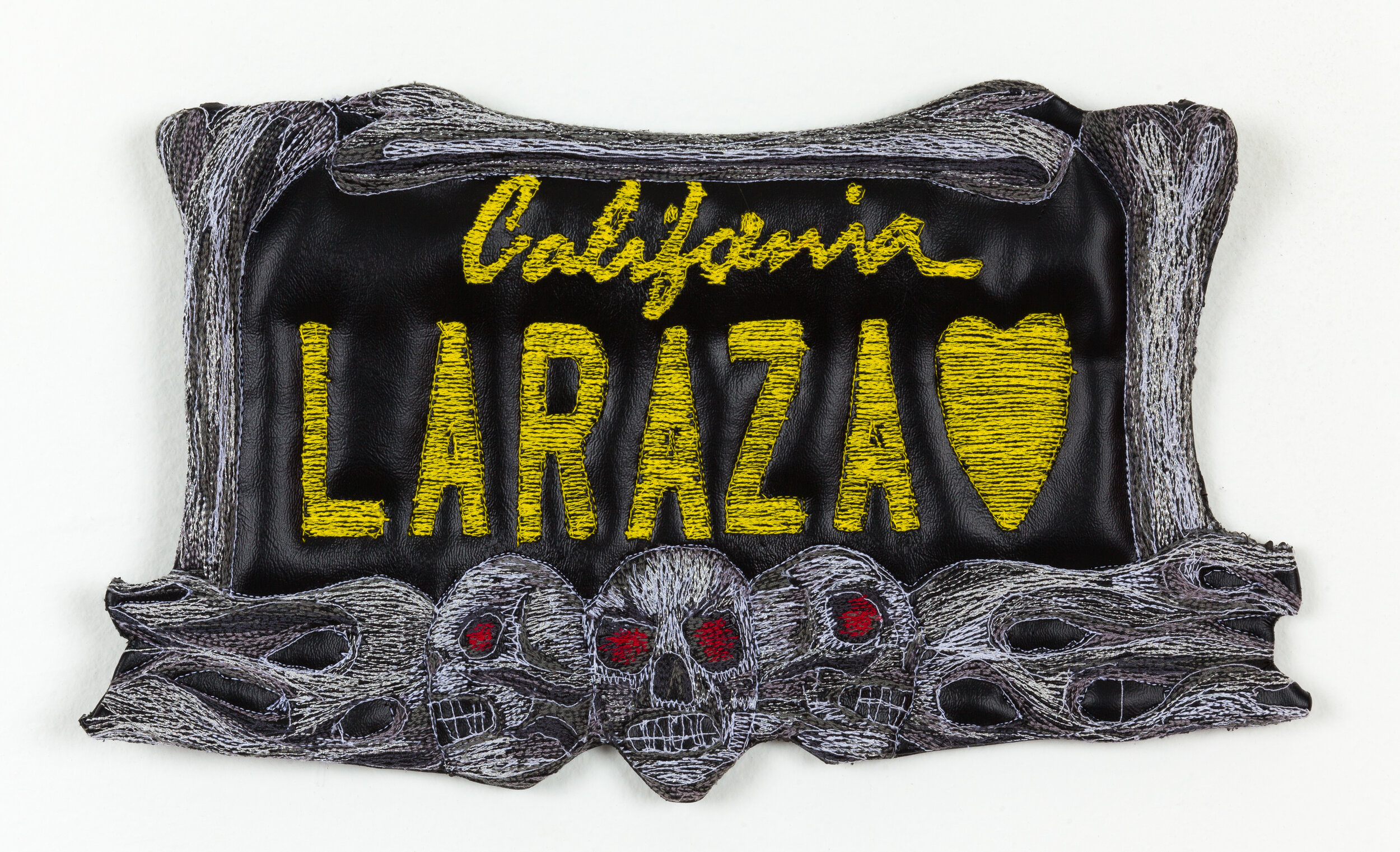  LA Raza, 2020  faux leather, thread, polyurethane foam, hardware  8x12 inches   