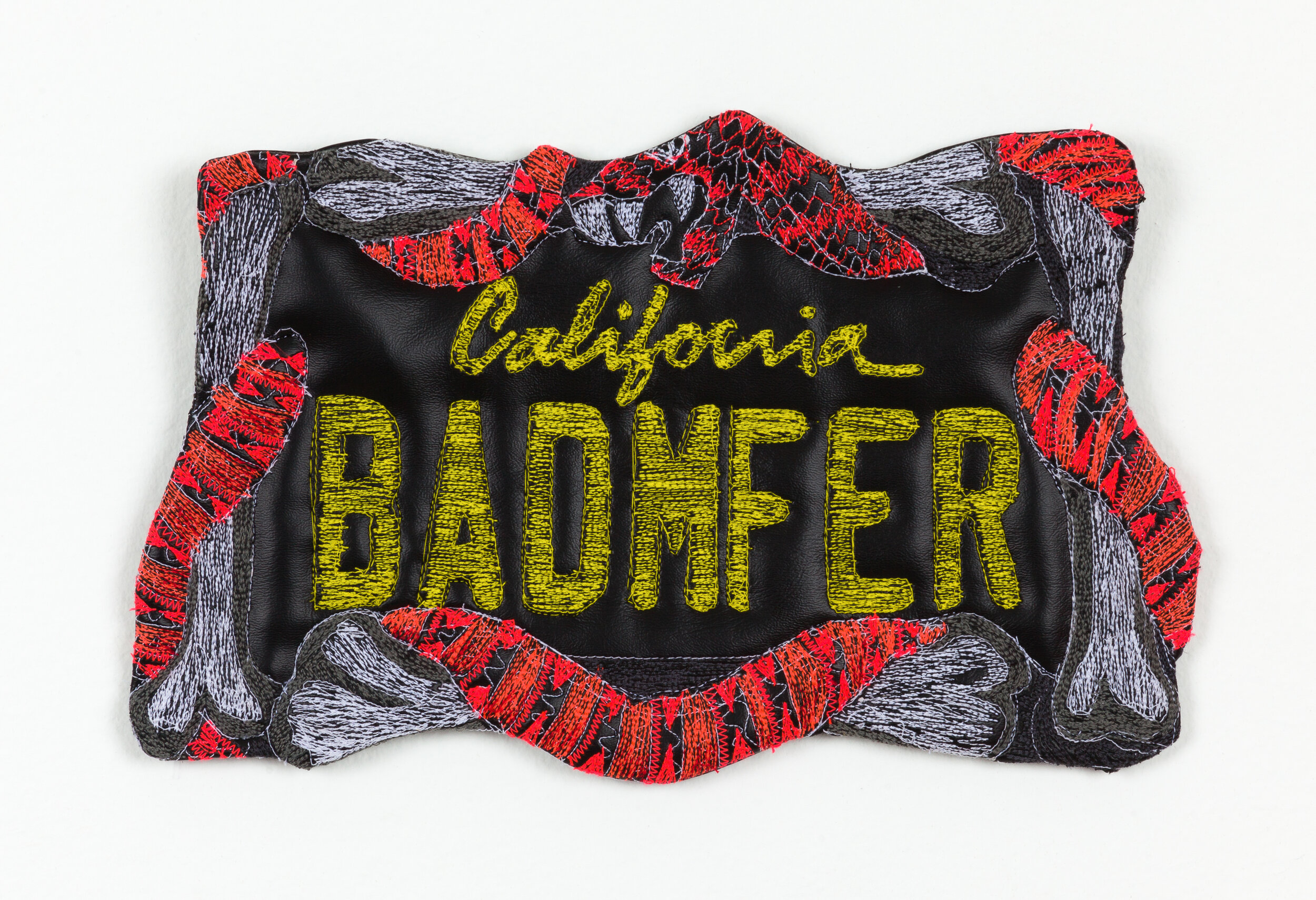  BADMFER, 2020  faux leather, thread, polyurethane foam, hardware  8x13 inches   