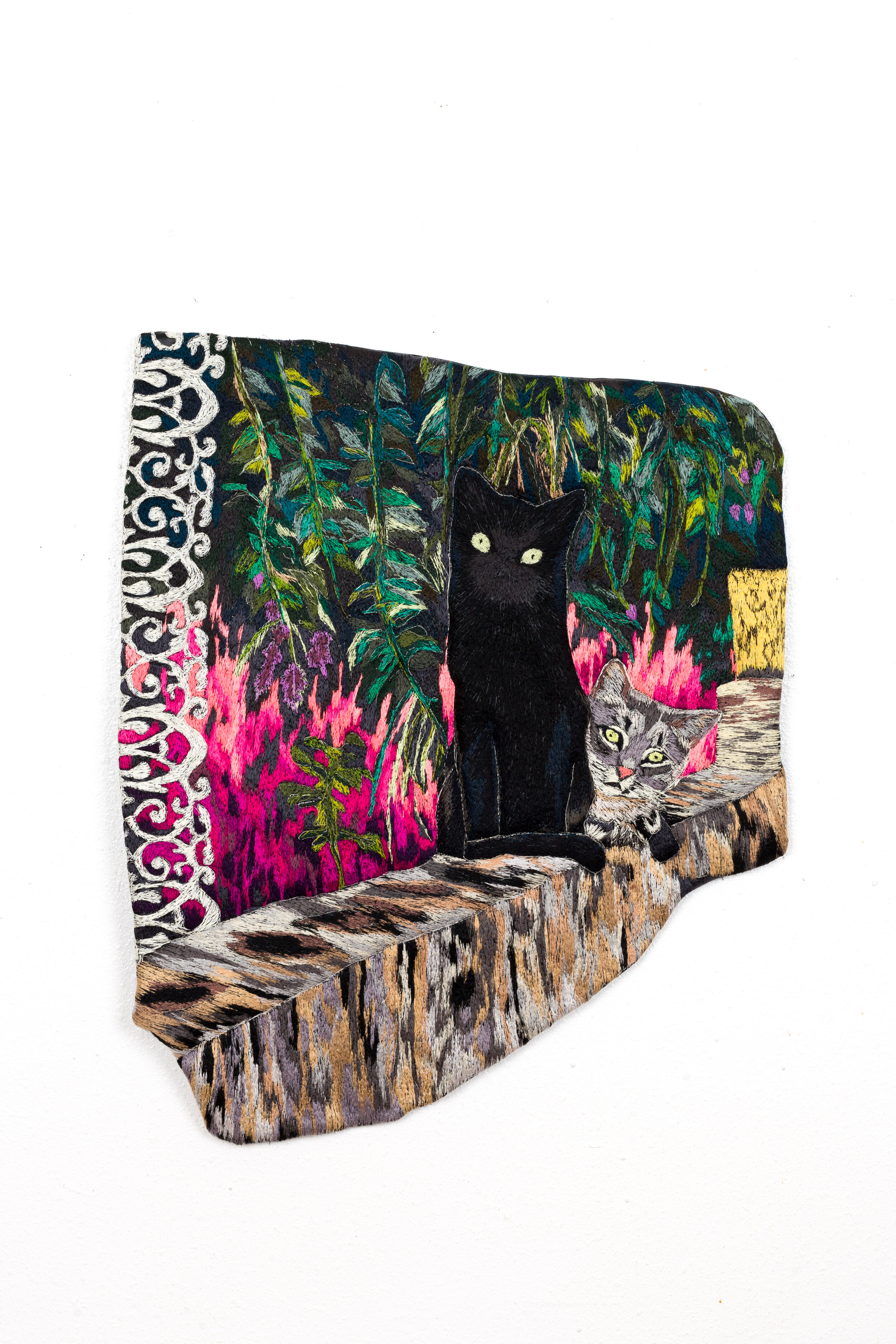  Vecinos (BH street cats), 2021   Faux leather, polyester thread, polyurethane foam, hardware  22x27 inches 