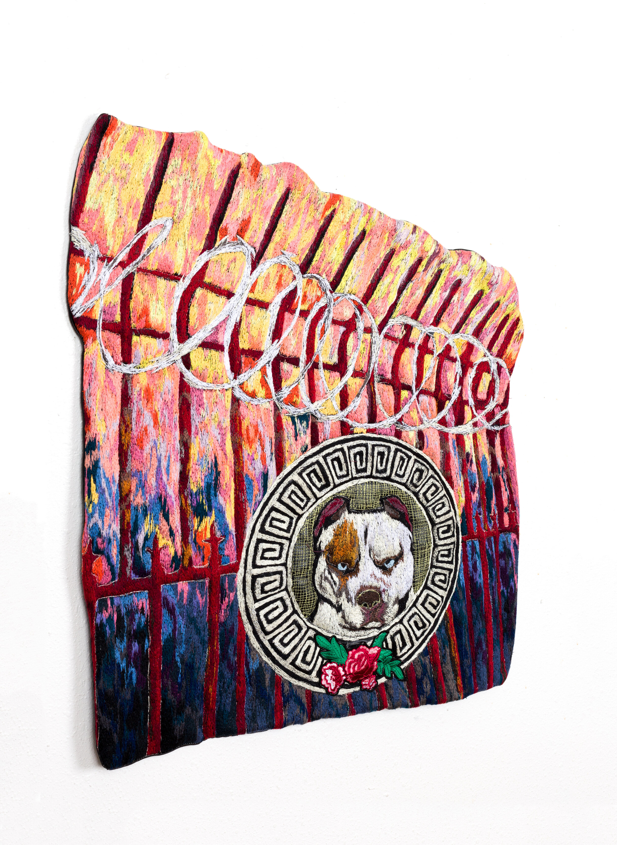  Protector (perro que ladra no muerde), 2020   Faux leather, polyester thread, polyurethane foam, hardware, found embroidered patch  24x26.5 inches 