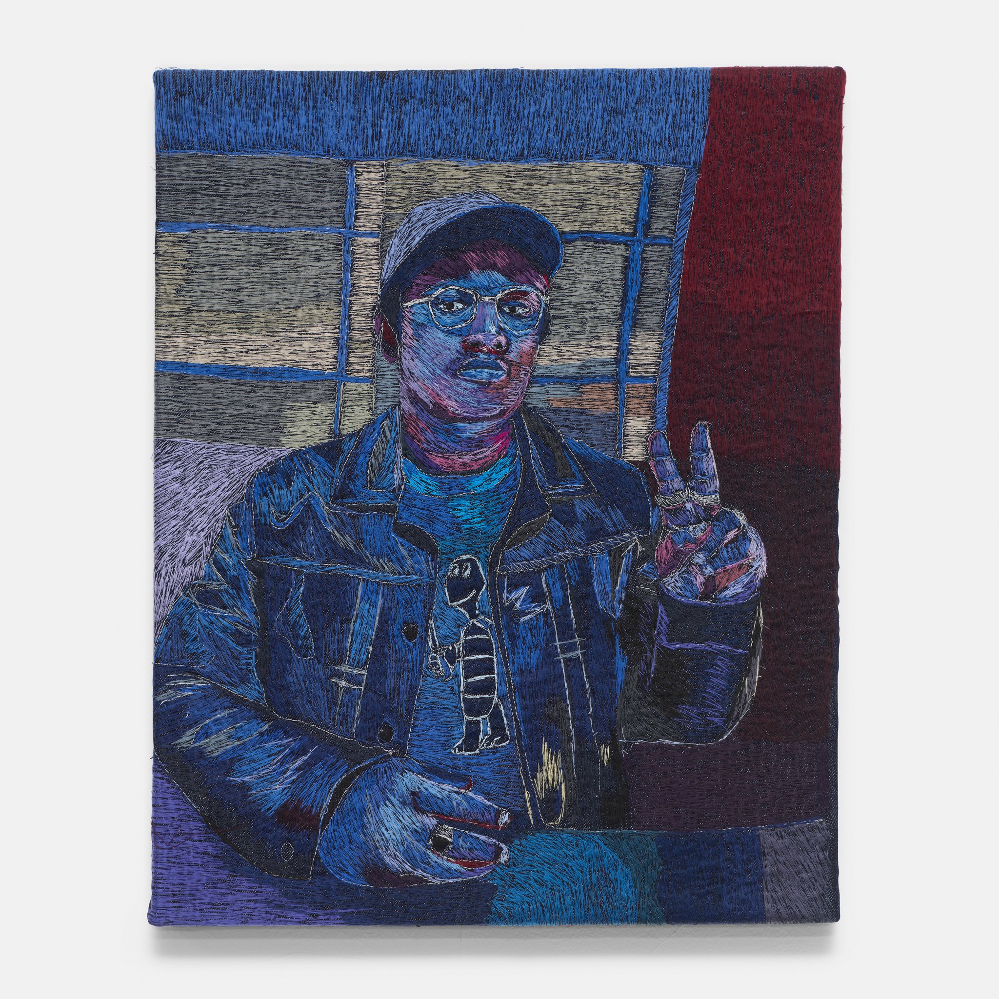  Self-portrait (under blue light), 2022  20 1/5 × 16 1/5 × 1 7/10 in  Polyester thread on denim 
