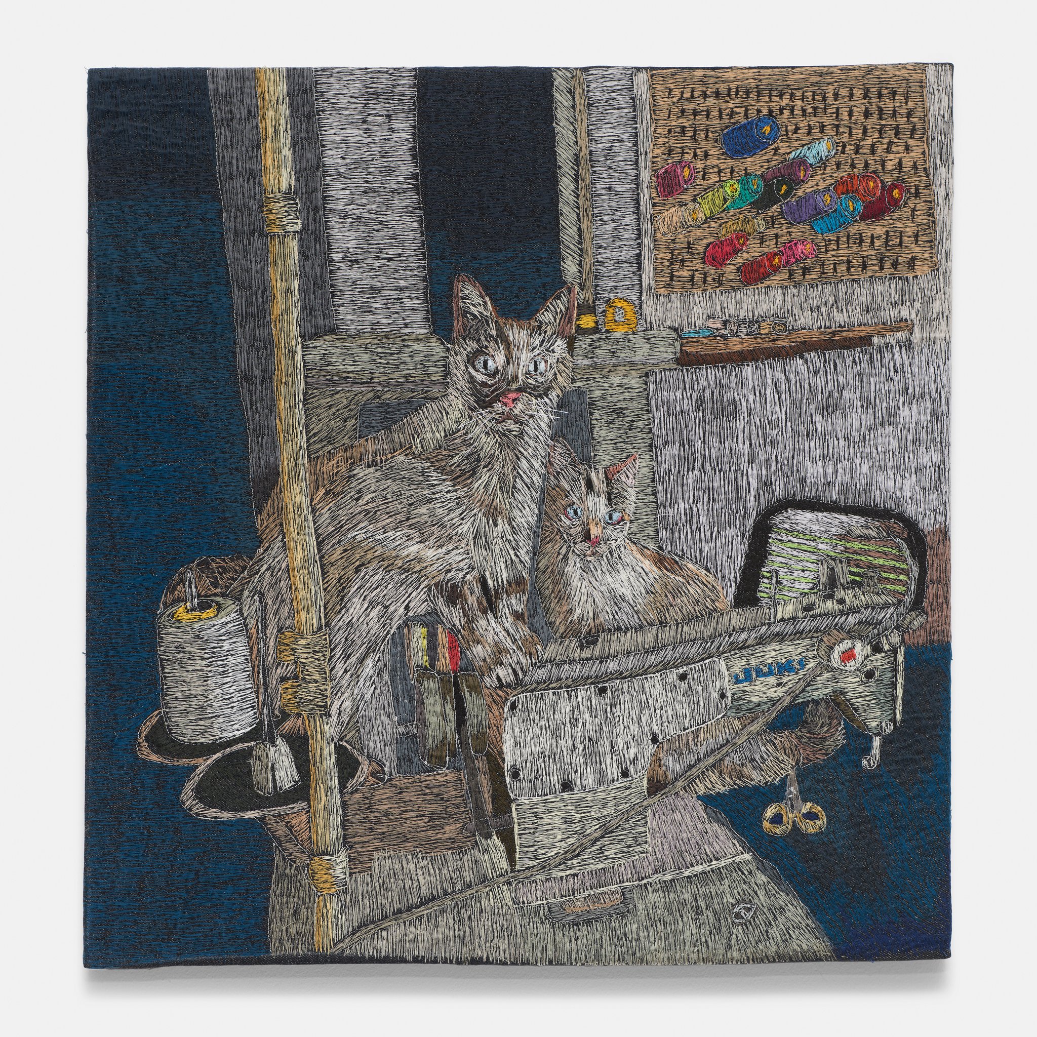  Double trouble (Friday Panchito on my sewing machine), 2022  24 1/5 × 23 1/5 × 1 7/10 in   Polyester thread on denim 