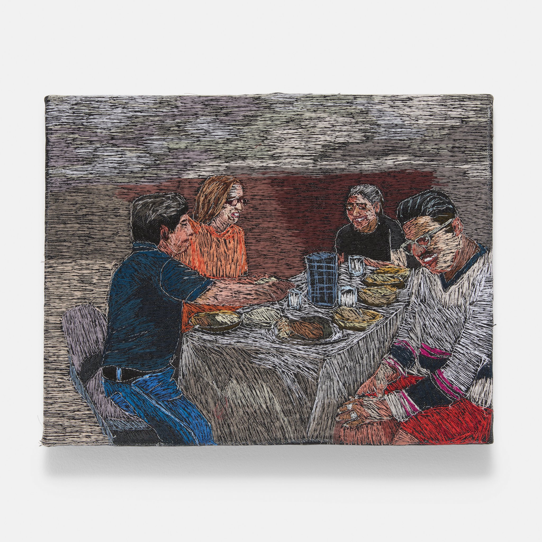  Carne Asada at my parent’s (smile for the camera), 2022  11 1/5 × 14 1/10 × 1 7/10 in  Polyester thread on denim 