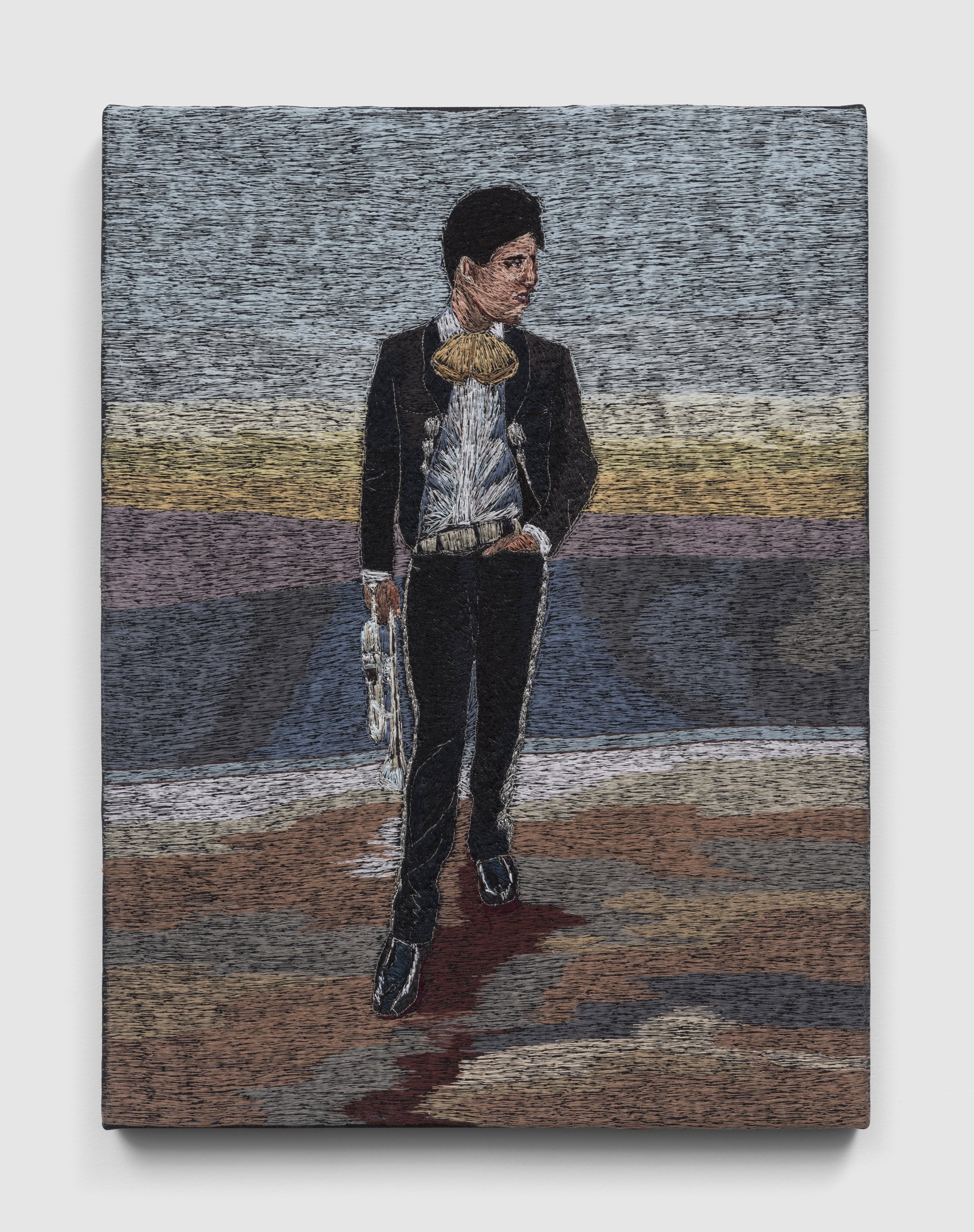 Young Mariachi, 2023 polyester thread on denim 22 x 16½ x 1¼ in 