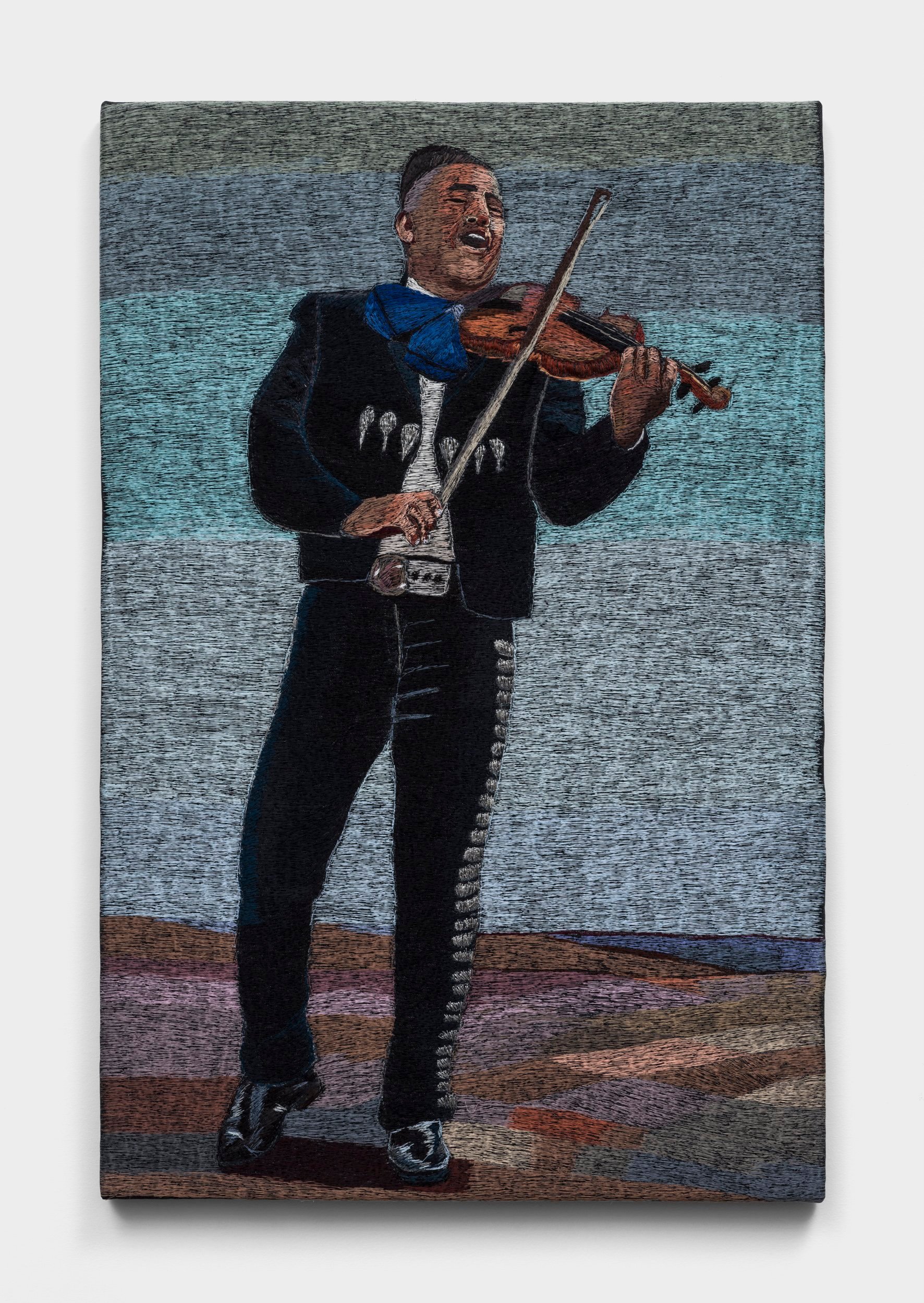  Violinista, 2023  polyester thread on denim 36¾ x 24¼ x 1¼ in 