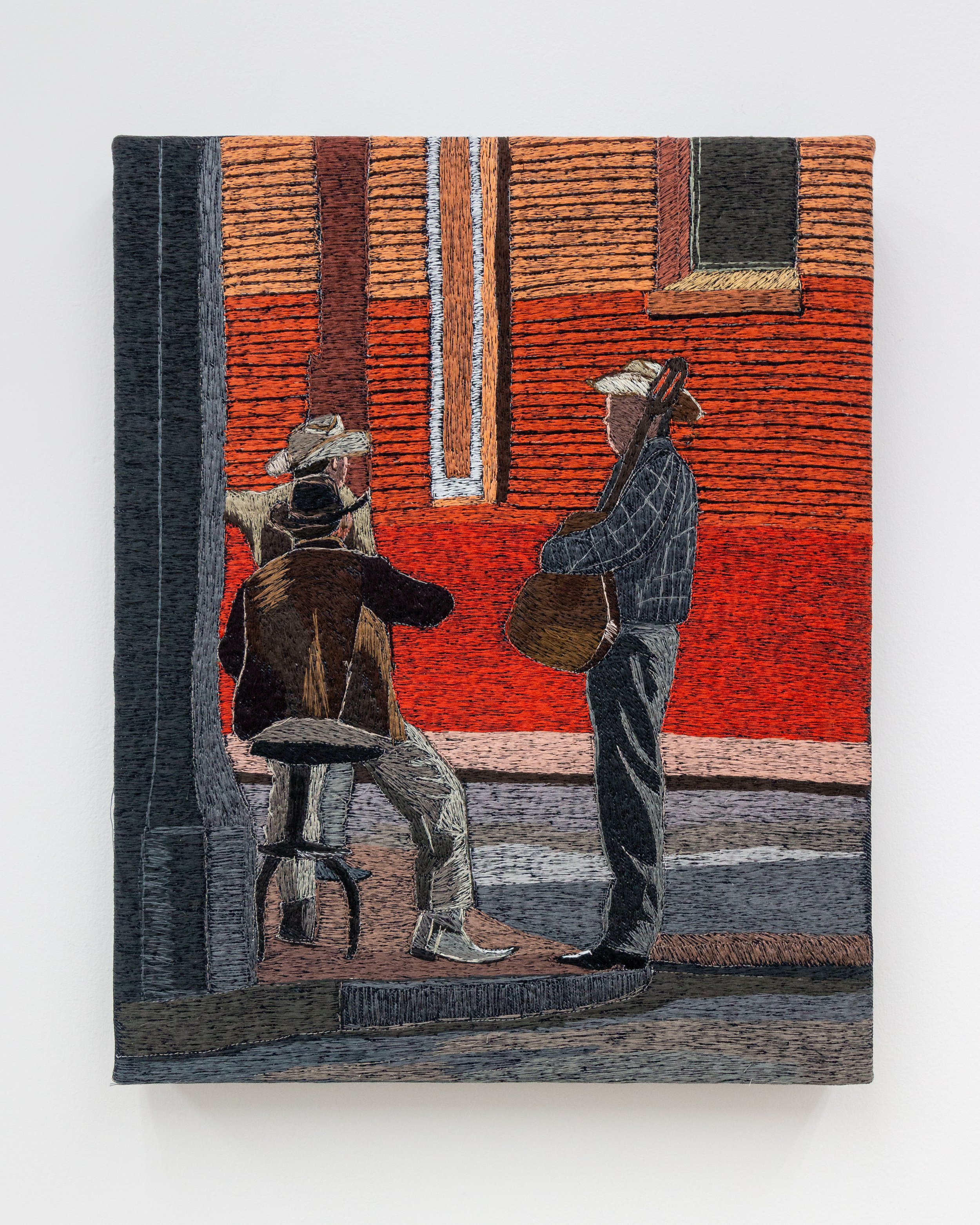  Musicians on Chavez Ave. (sunset), 2023  16x20 inches  polyester thread on denim 