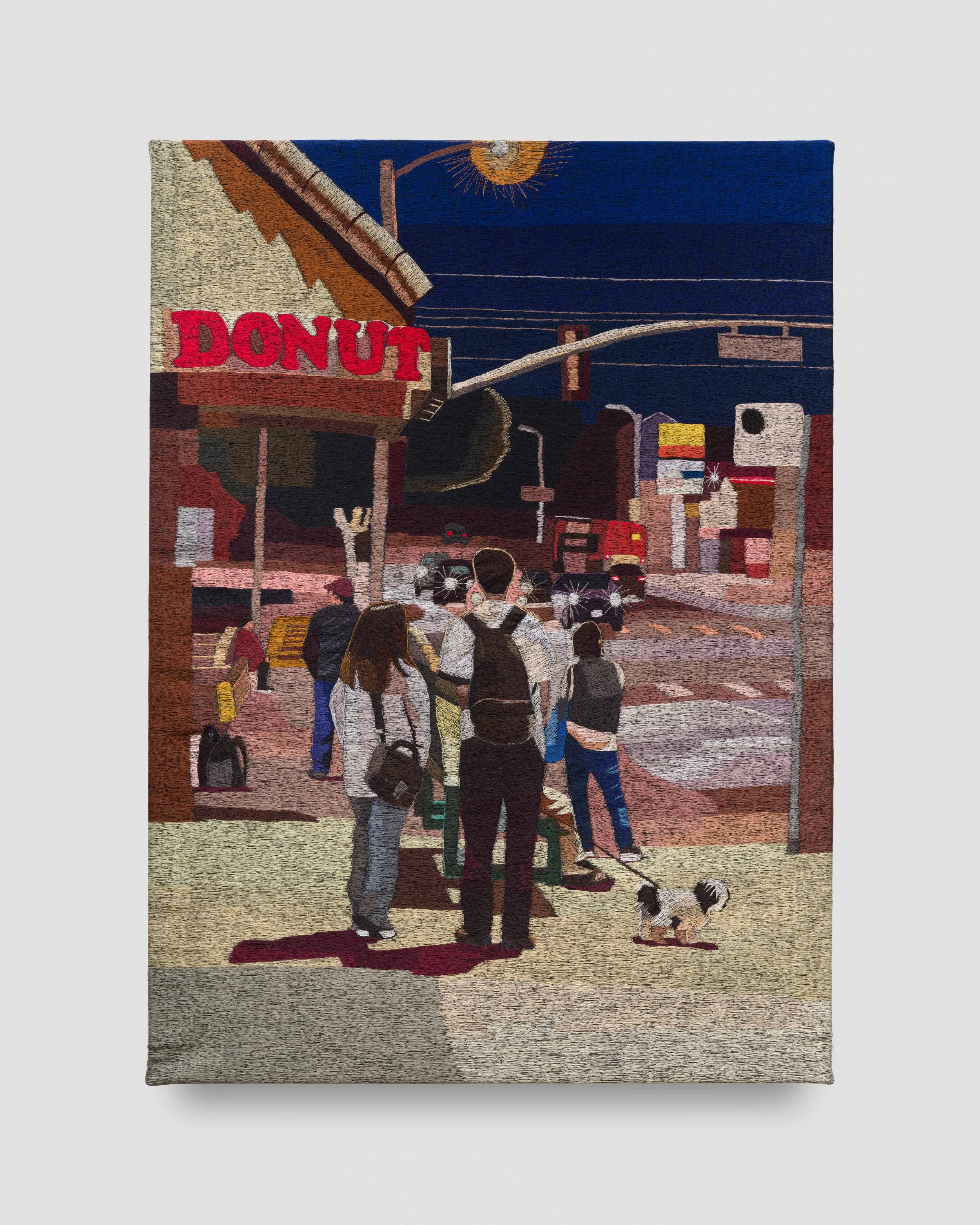 Bus Stop/ Night angels 35x48 inches polyester thread on denim