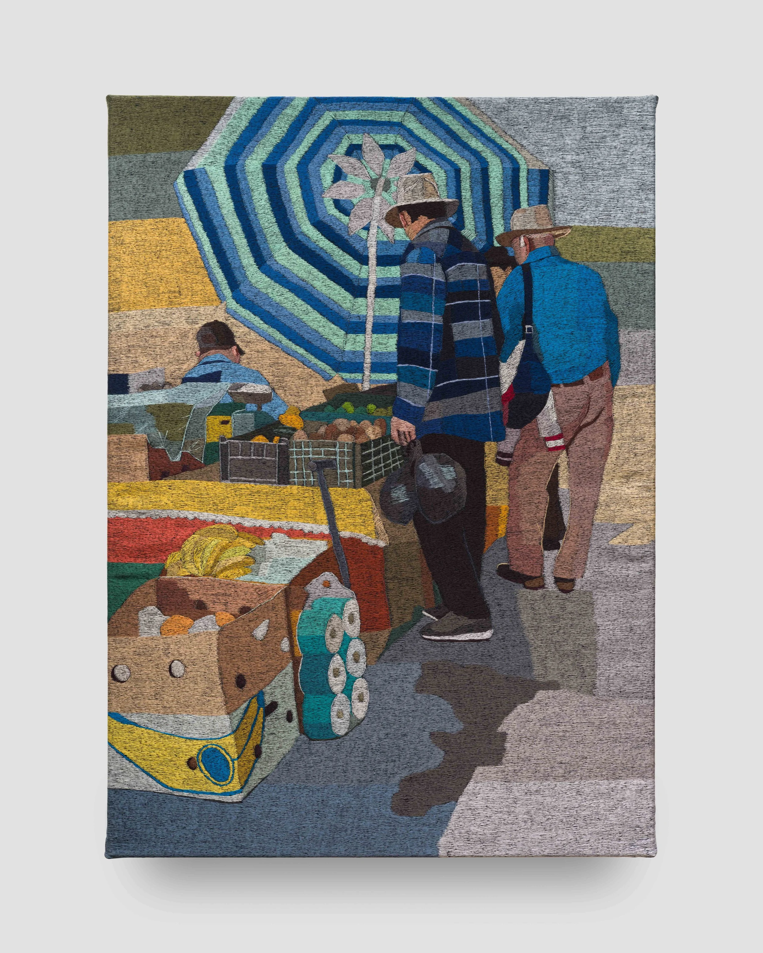 El Sol sale para todos/ fruits of labor 35×50 inches polyester thread on denim