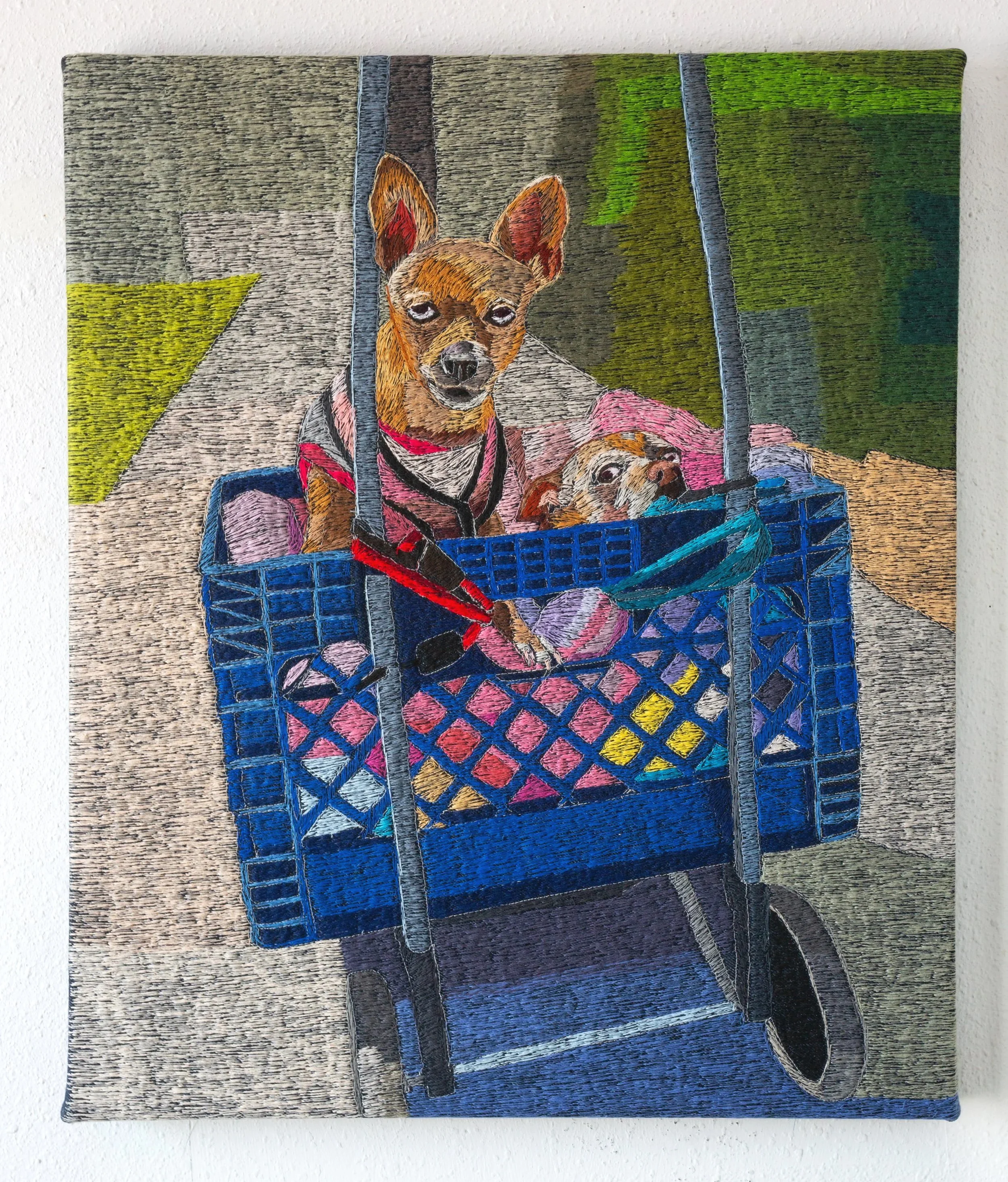  Dogs In A Basket, 2026  20×24 inches  thread on denim 