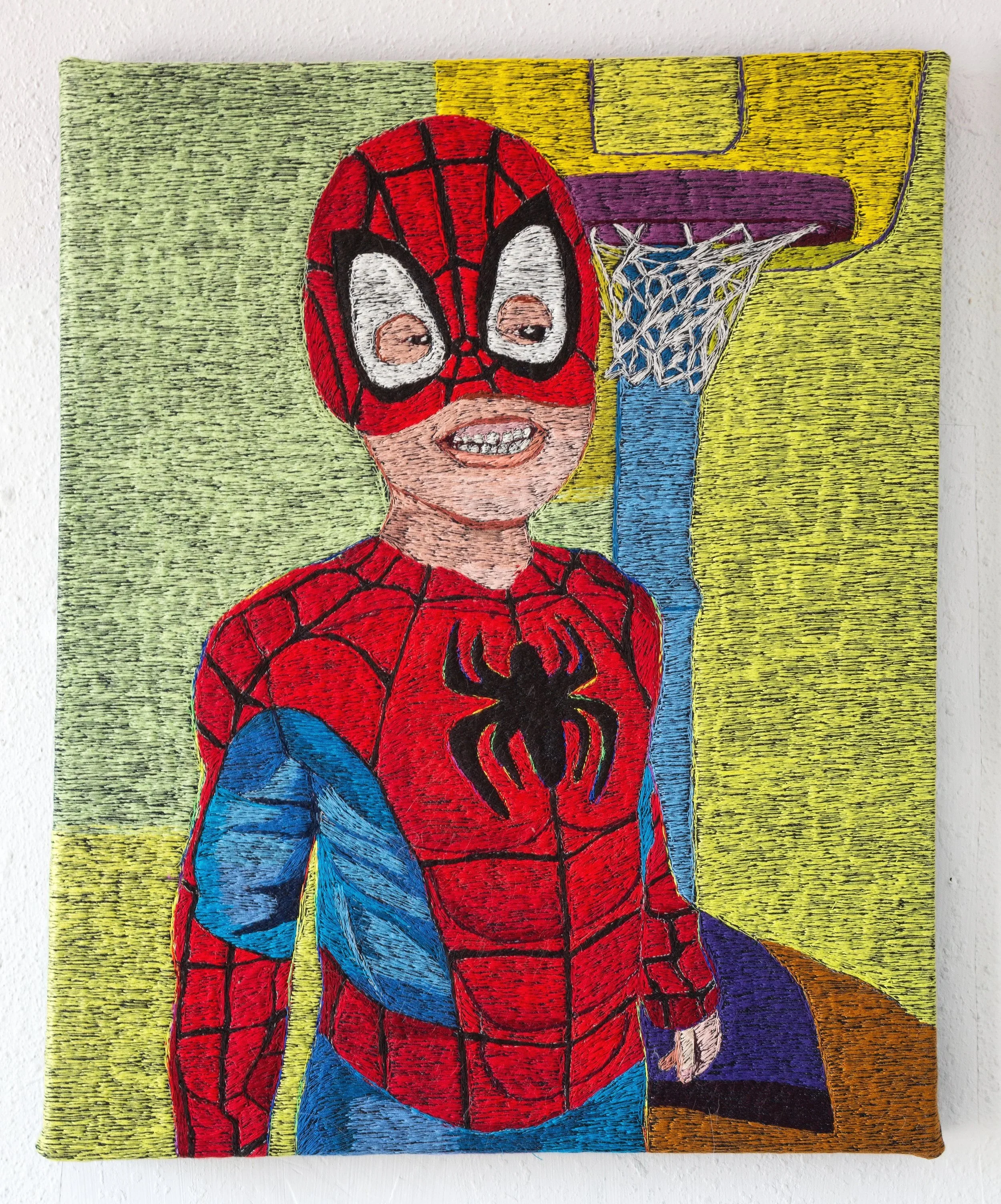  Spidey, 2026  16×20 inches  thread on denim 