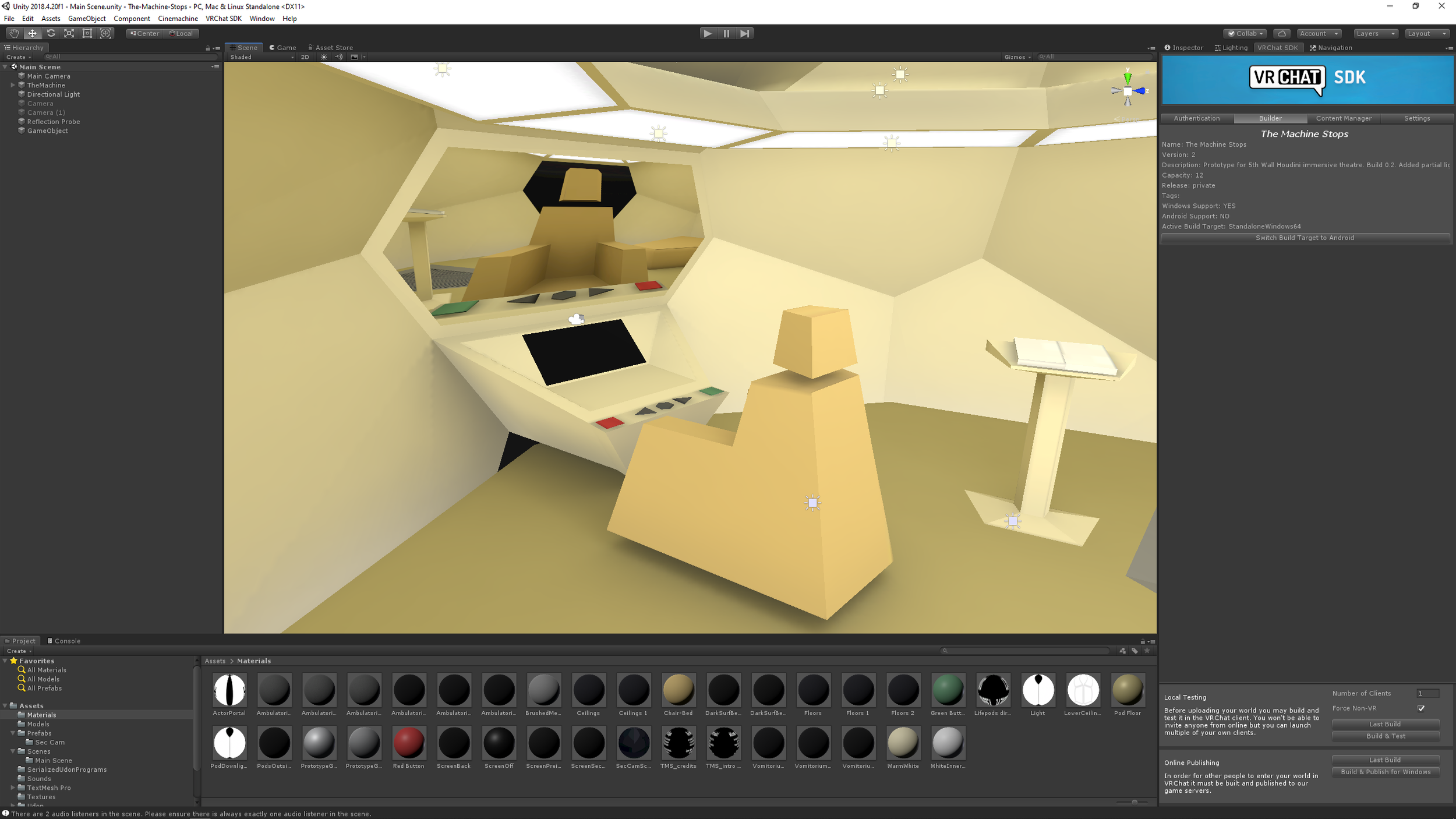  For this project I was the production designer and architect, art director, 3D artist, developer and producer. The prototype was created in Unity and VRChat with simple interactions triggering various videos and sound effects. 