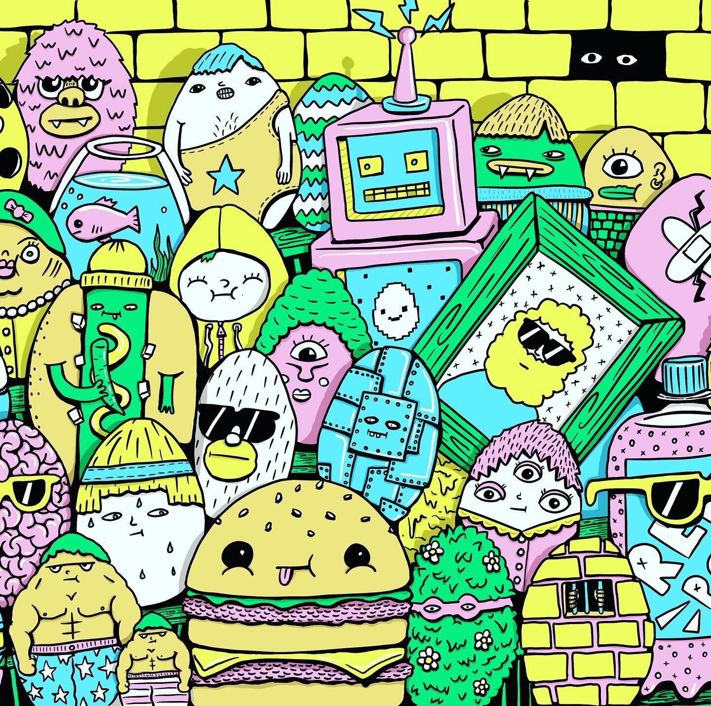 Eggs and friends #eggprize #illustration #eggs #design #characters #robot #hotdog #burger #buff #yellowbricks #fish #pop #art #artvending #drawing #digitalart #digitalillustration #ipad #procreate