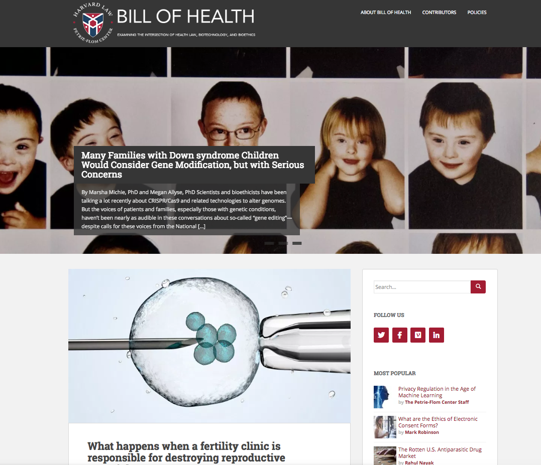 In addition to designing a new Wordpress site to house it, I edited and produced the Center’s blog, Bill of Health . I also managed all social media properties and digital communications for the Center.