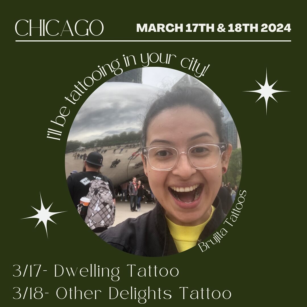 Hi Chicago! I&rsquo;ll be tattooing in your city March 17-18!! 3/17 @dwellingtattoo and 3/18 @otherdelightstattoo 🫶🏽 Booking link is in bio as: Guest Booking ~ I am open to doing flash or customs! Also, if you&rsquo;re Salvi from Chicago and have b