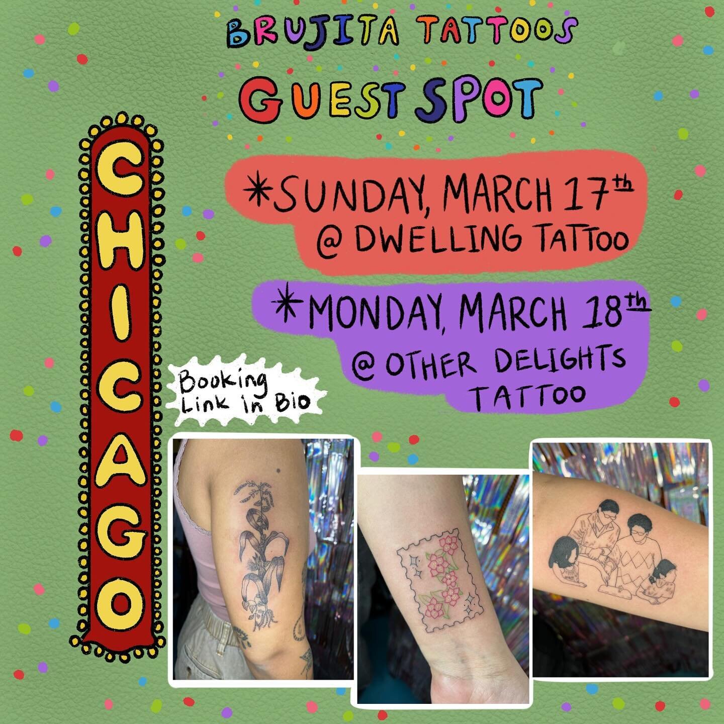 🤩 Chicago Cuties!!!! I and @chumbystudios are coming to your city to do some cool tattoos 💖!!! Ahhhh im so excited for this trip! My first time guesting outside of California 🤗. I will be guesting Sunday March 17th @dwellingtattoo and then Monday 