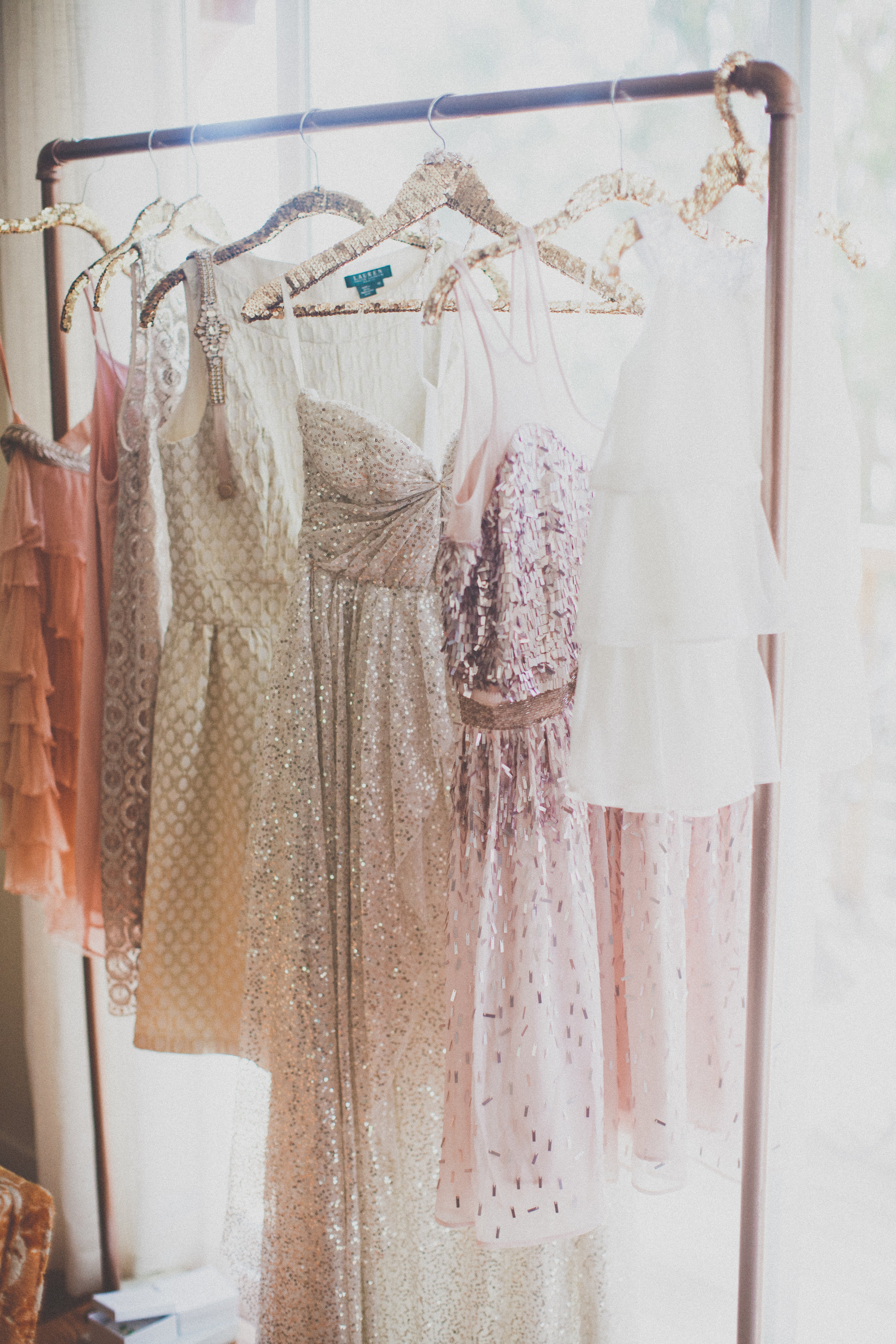 Sarah Seven sequin wedding dress + mismatched shimmery neutral bridesmaids dresses