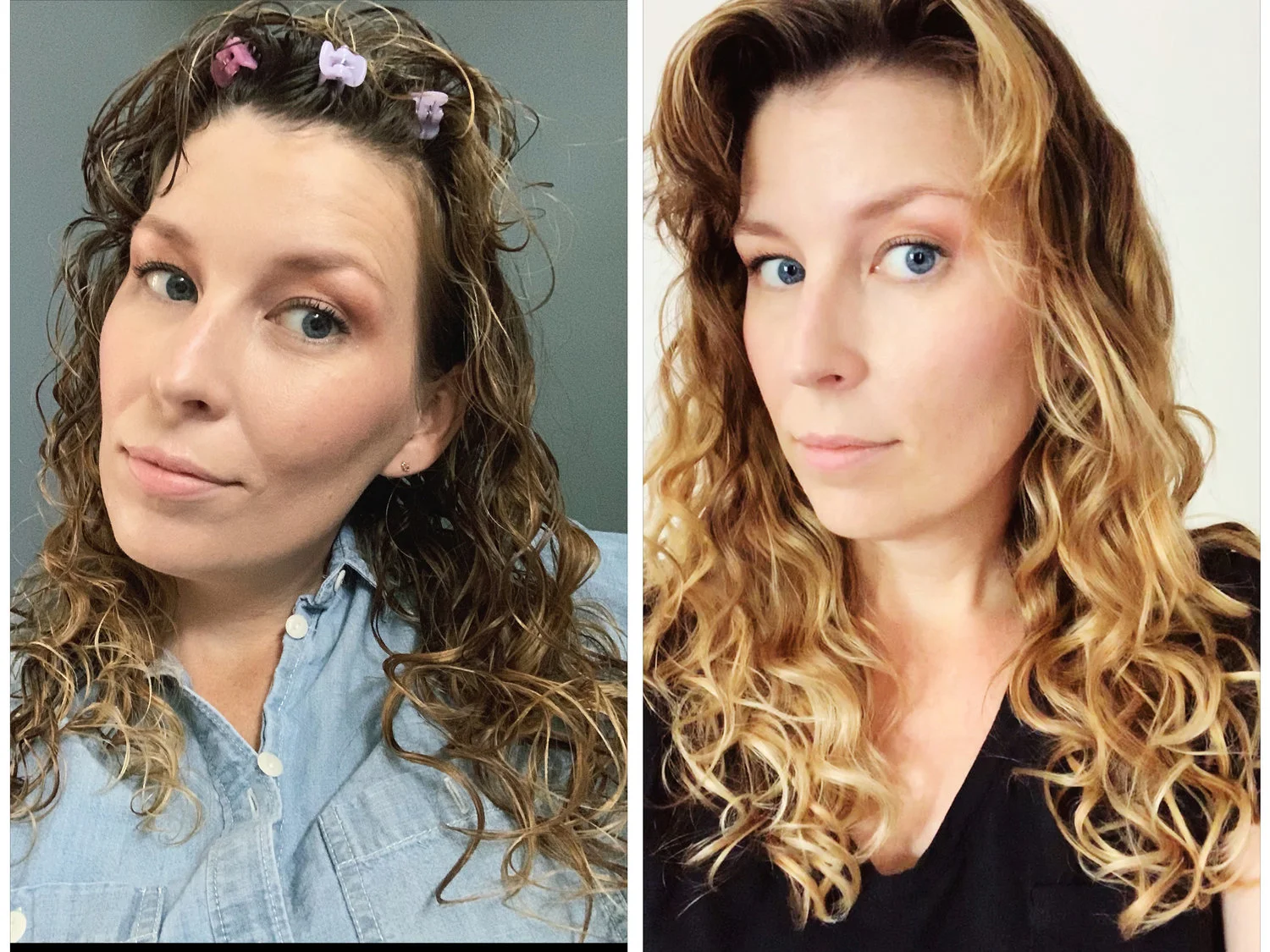 Before: root “clipping” and a gel cast | After: removed the clips and SOTC (scrunch out the crunch)