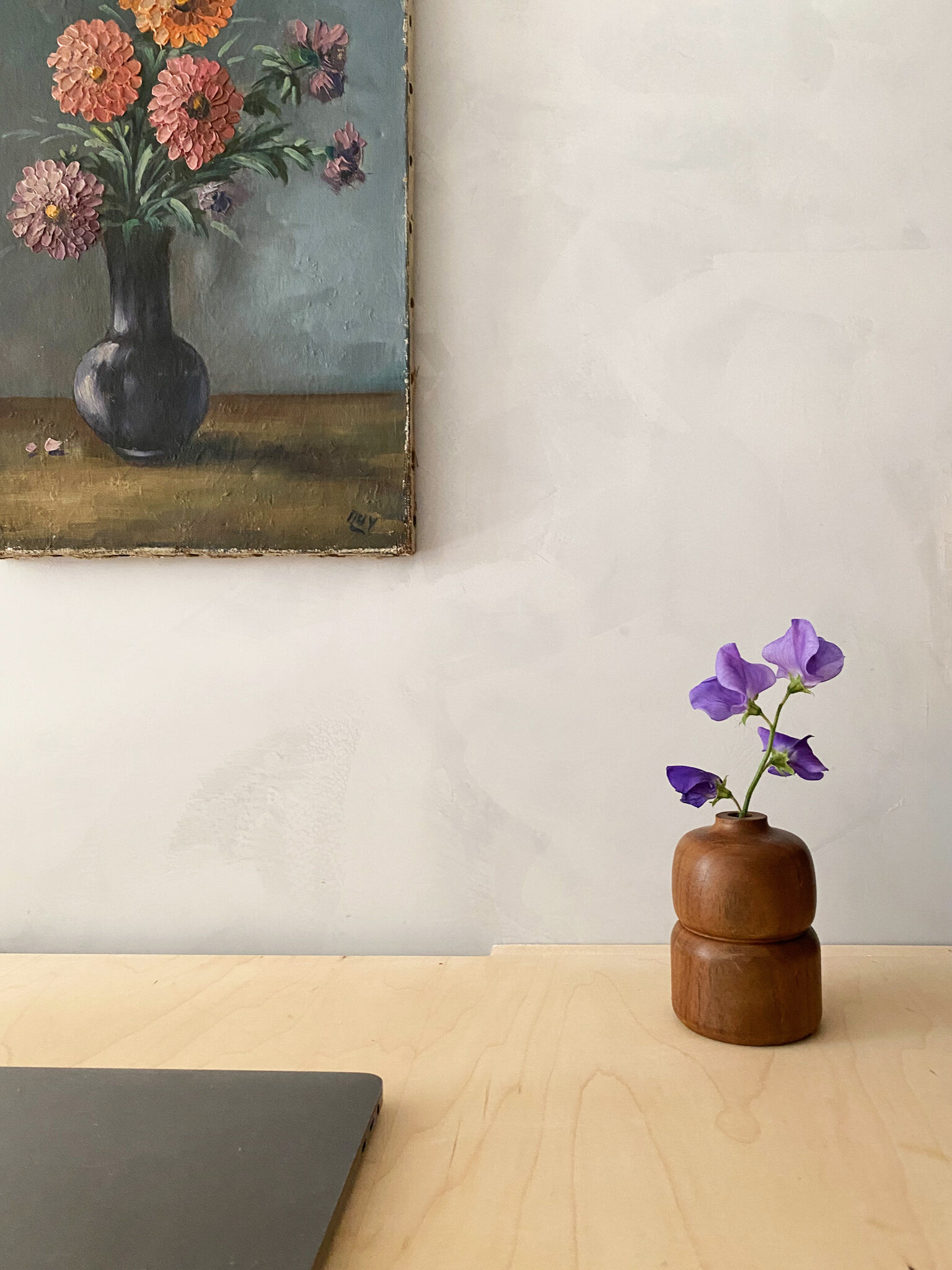  A moody floral vintage oil painting from Bay Area favorite Elsie Green helps add depth and texture  
