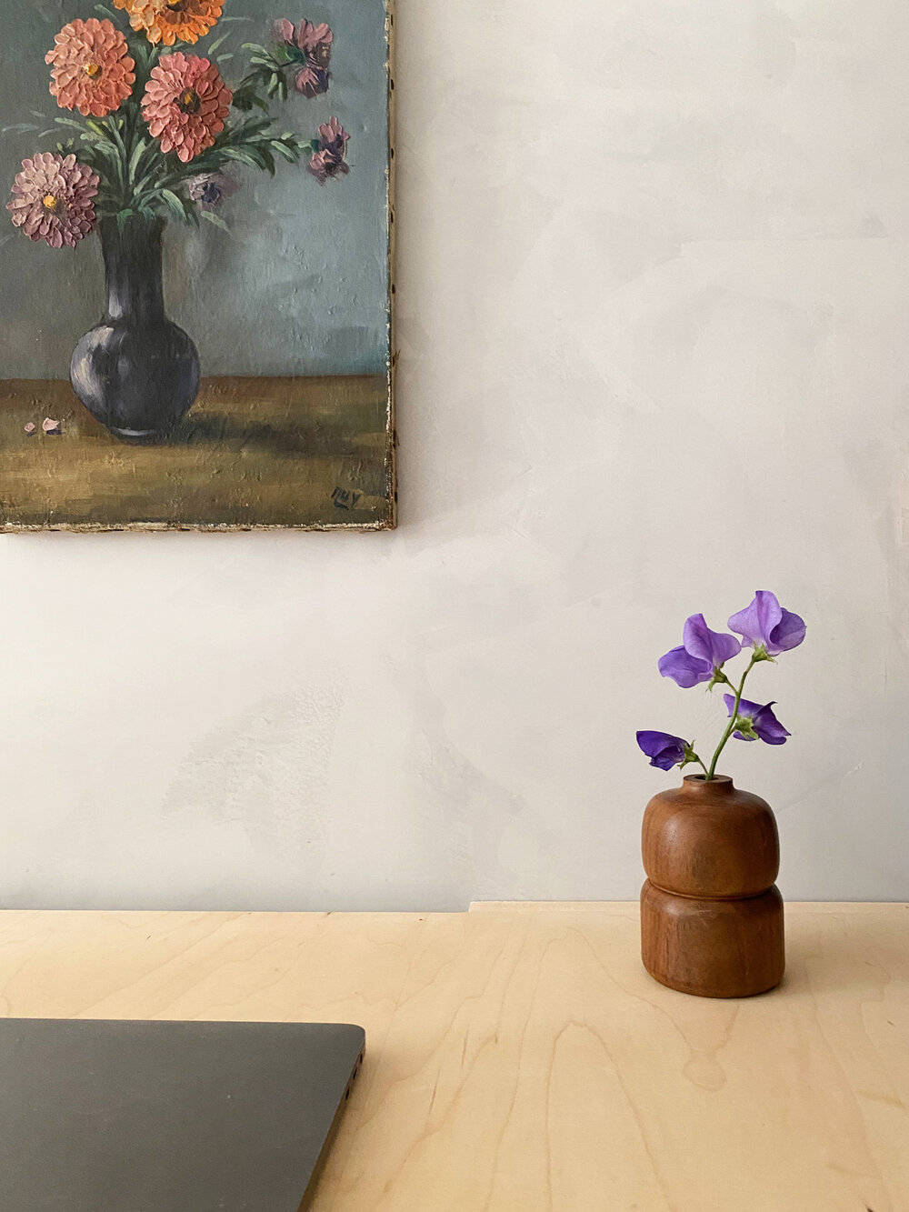  A moody floral vintage oil painting from Bay Area favorite Elsie Green helps add depth and texture  