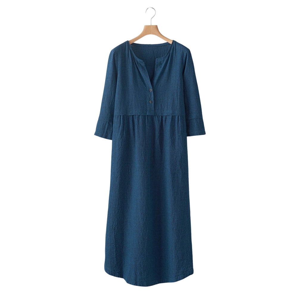 Collarless high-twist linen dress, Poetry, $198 (pockets, machine wash)