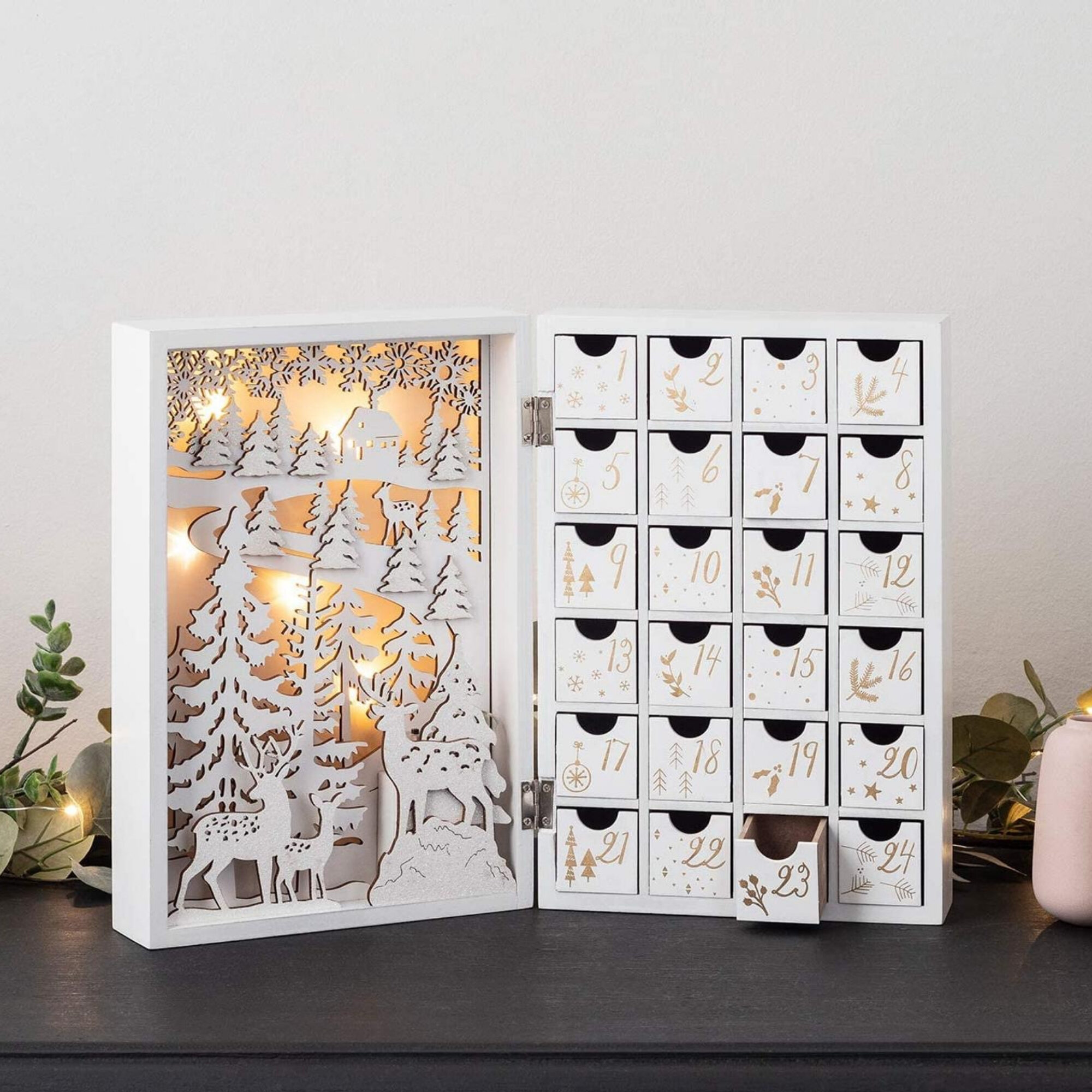 Pre Lit White Wooden Christmas Book Advent, $112.50