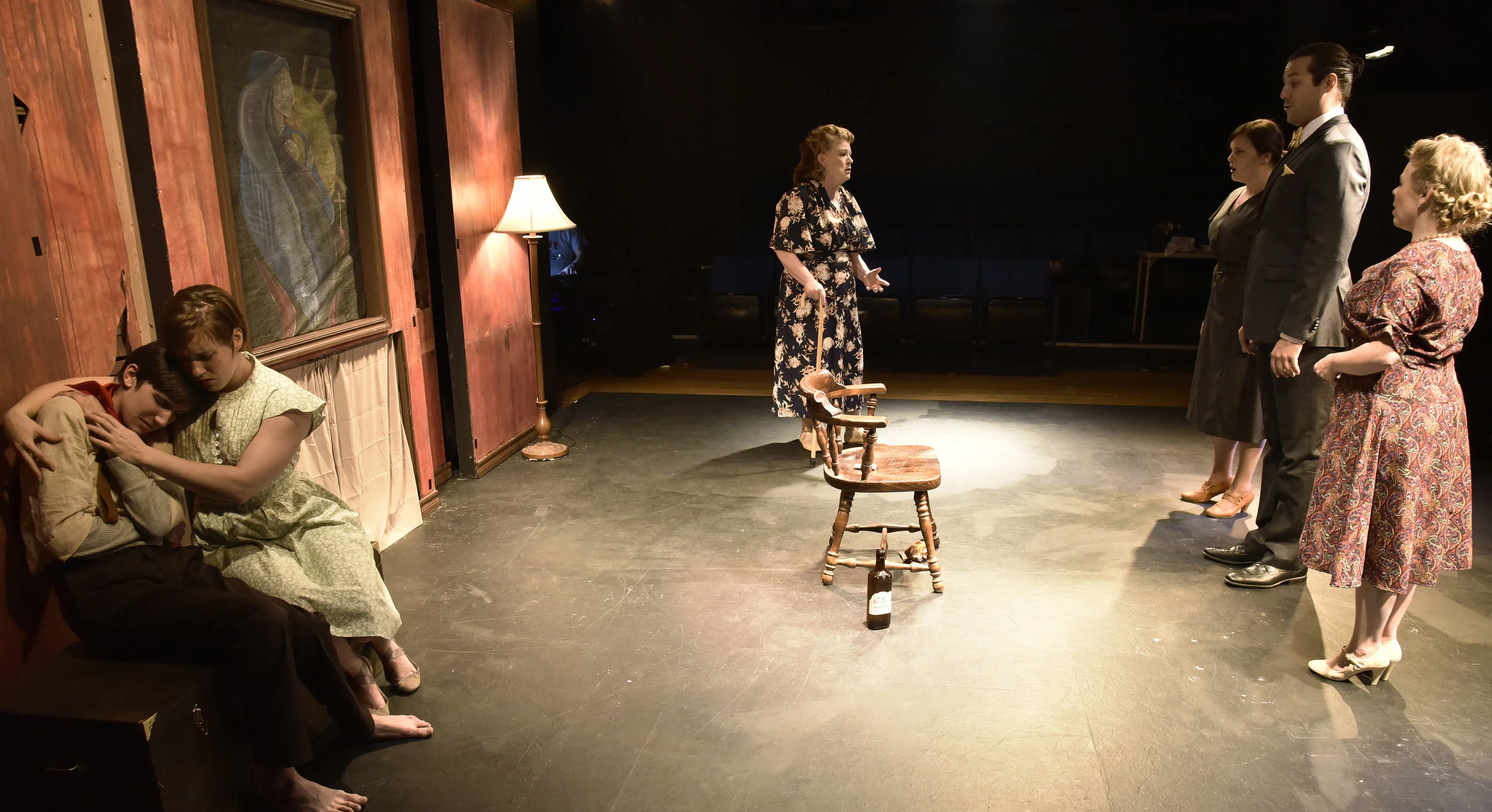  Josh Eliot, Rainelle Krause, Barbara DeMaio, Jill Burcham, Andrew Wannigman, and Elizabeth Fischborn in  The Medium . &nbsp;Costumes by Becky McGuigan. &nbsp;Photo by Wendy Mutz. 