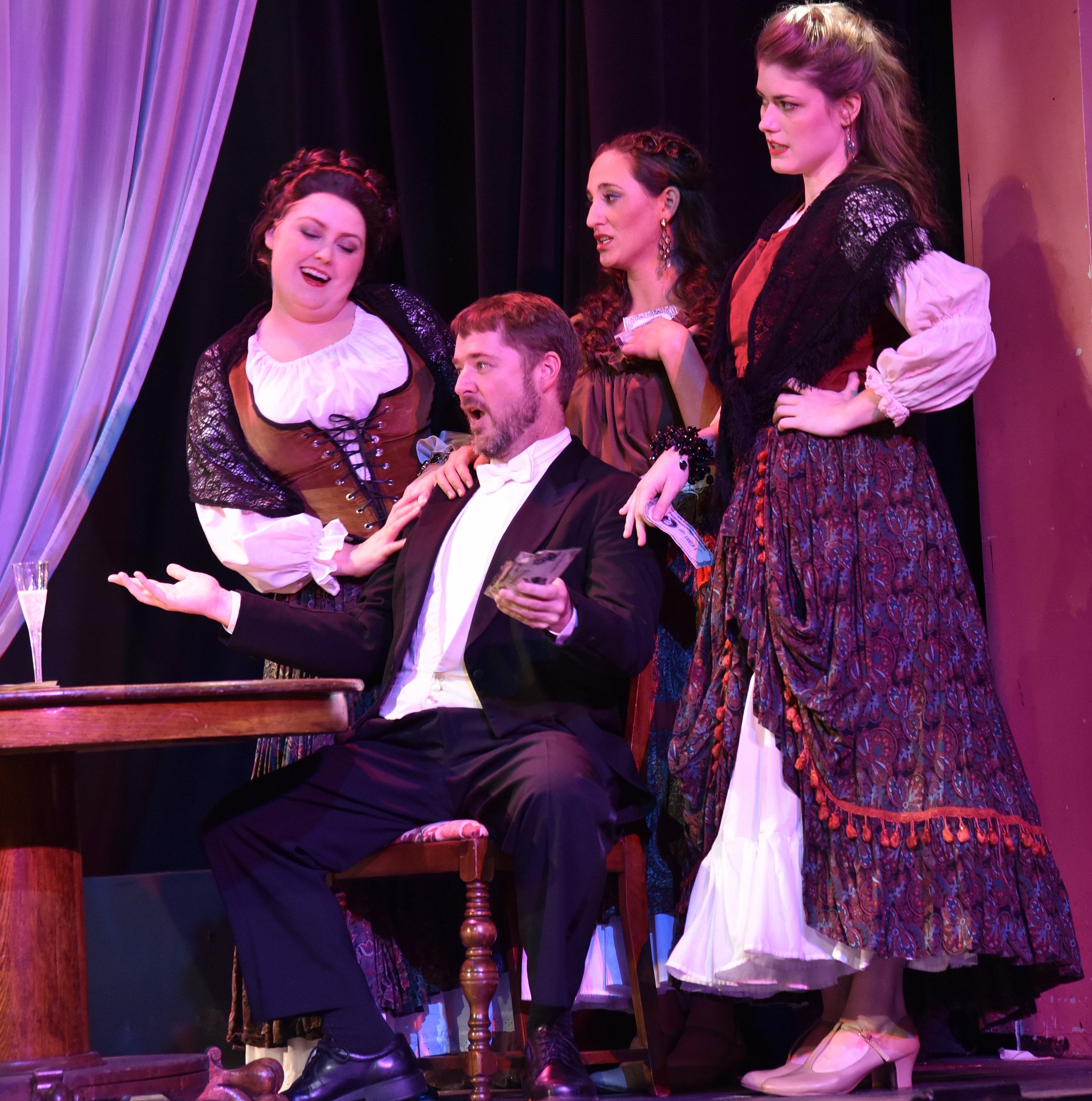  Jessica Adkins, Mary McDowell, Jessica Fritts, and Kevin Eckard in  La Traviata. &nbsp; Costumes by Becky McGuigan. &nbsp;Photo by Wendy Mutz. 