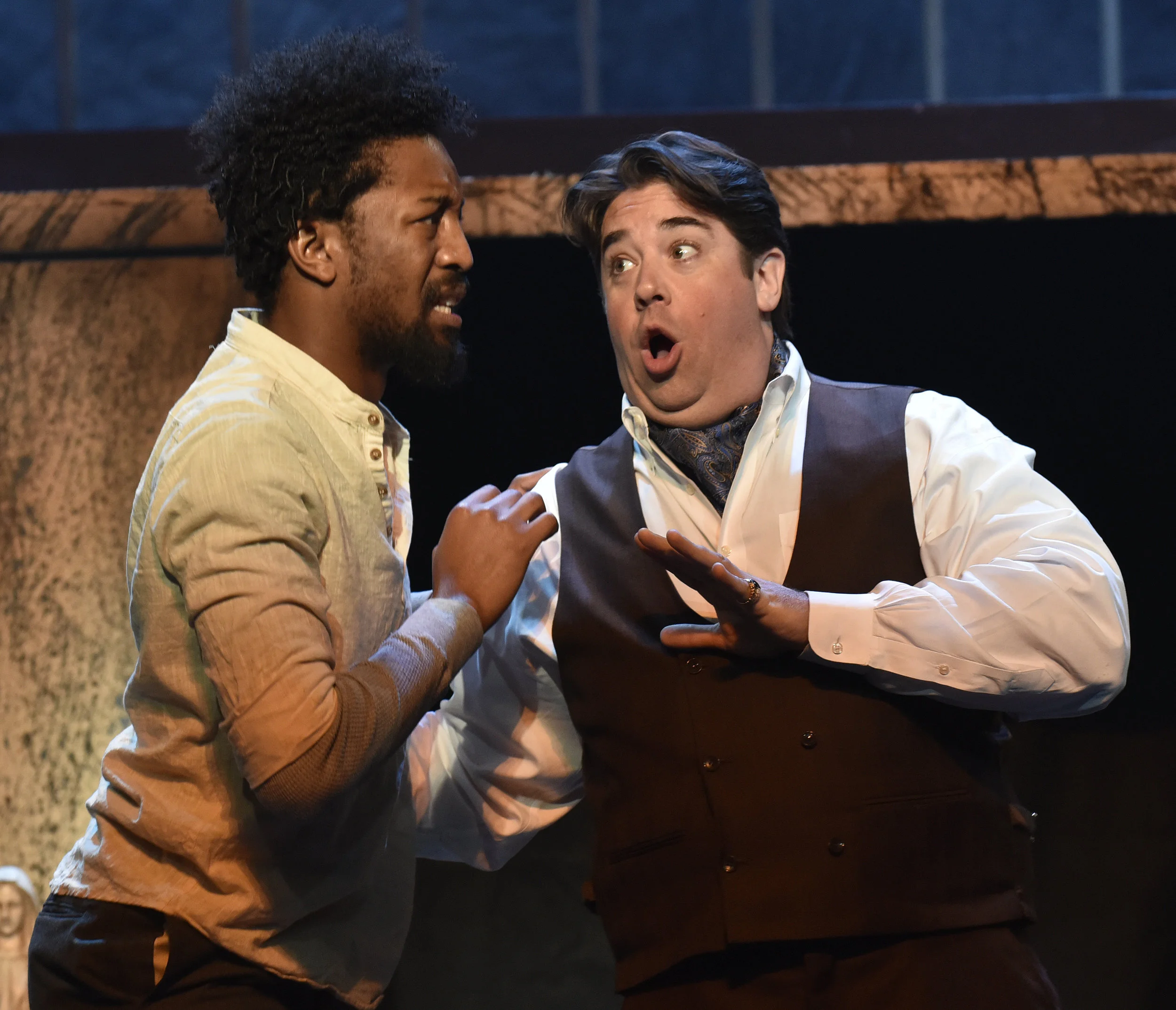  Act I of  Tosca  by Giacomo Puccini Cavaradossi: Joel Burcham Angelotti: Dorian McCall  Stage Director: Rob Glaubitz Costume Design: Becky McGuigan Scenic and Lighting Design: Scott Hynes Photography by Wendy Mutz Photography 