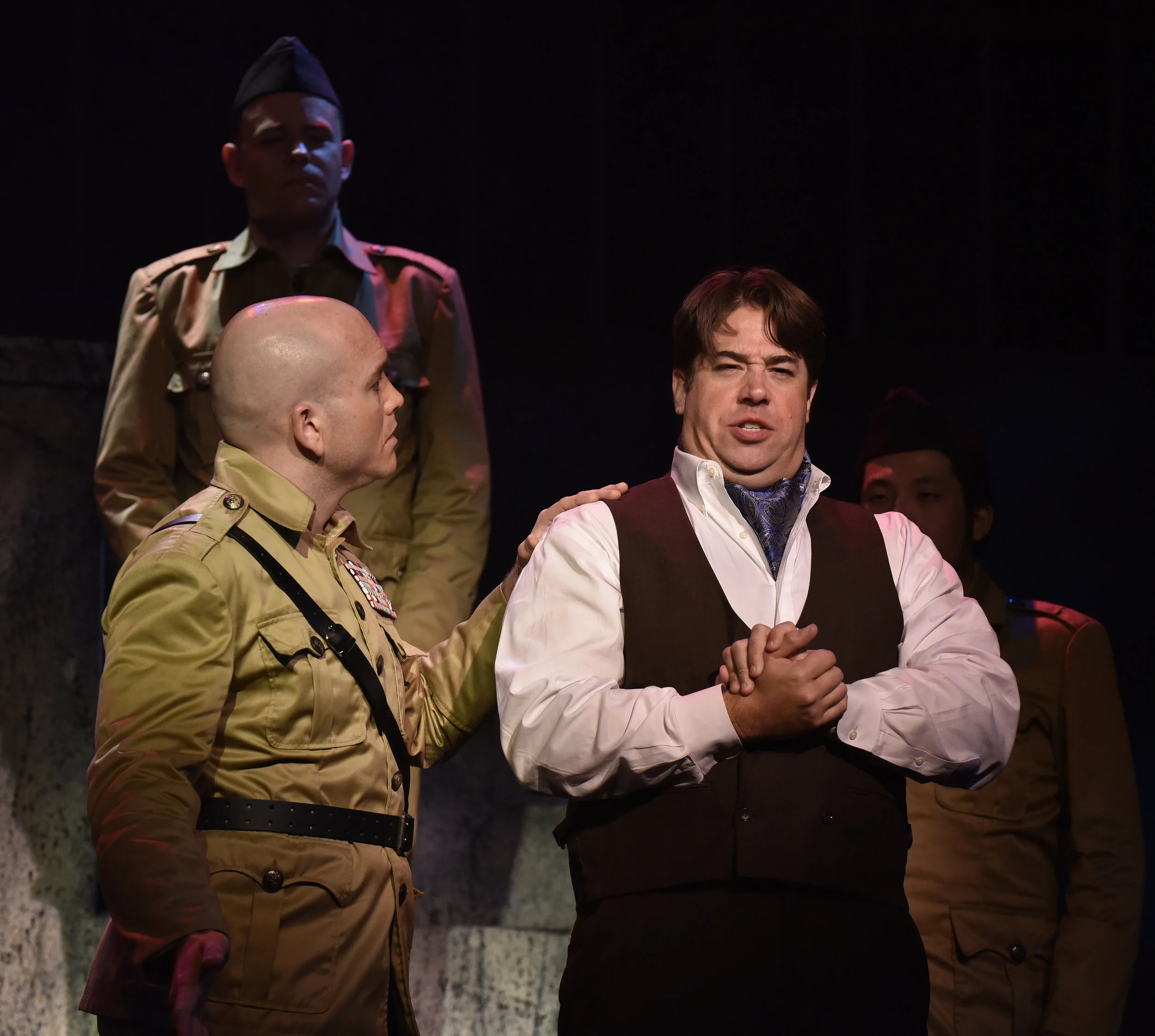  Act II of  Tosca  by Giacomo Puccini Scarpia: Tom Sitzler Cavaradossi: Joel Burcham Soldier: Ryan Allais  Stage Director: Rob Glaubitz Costume Design: Becky McGuigan Scenic and Lighting Design: Scott Hynes Photography by Wendy Mutz Photography 