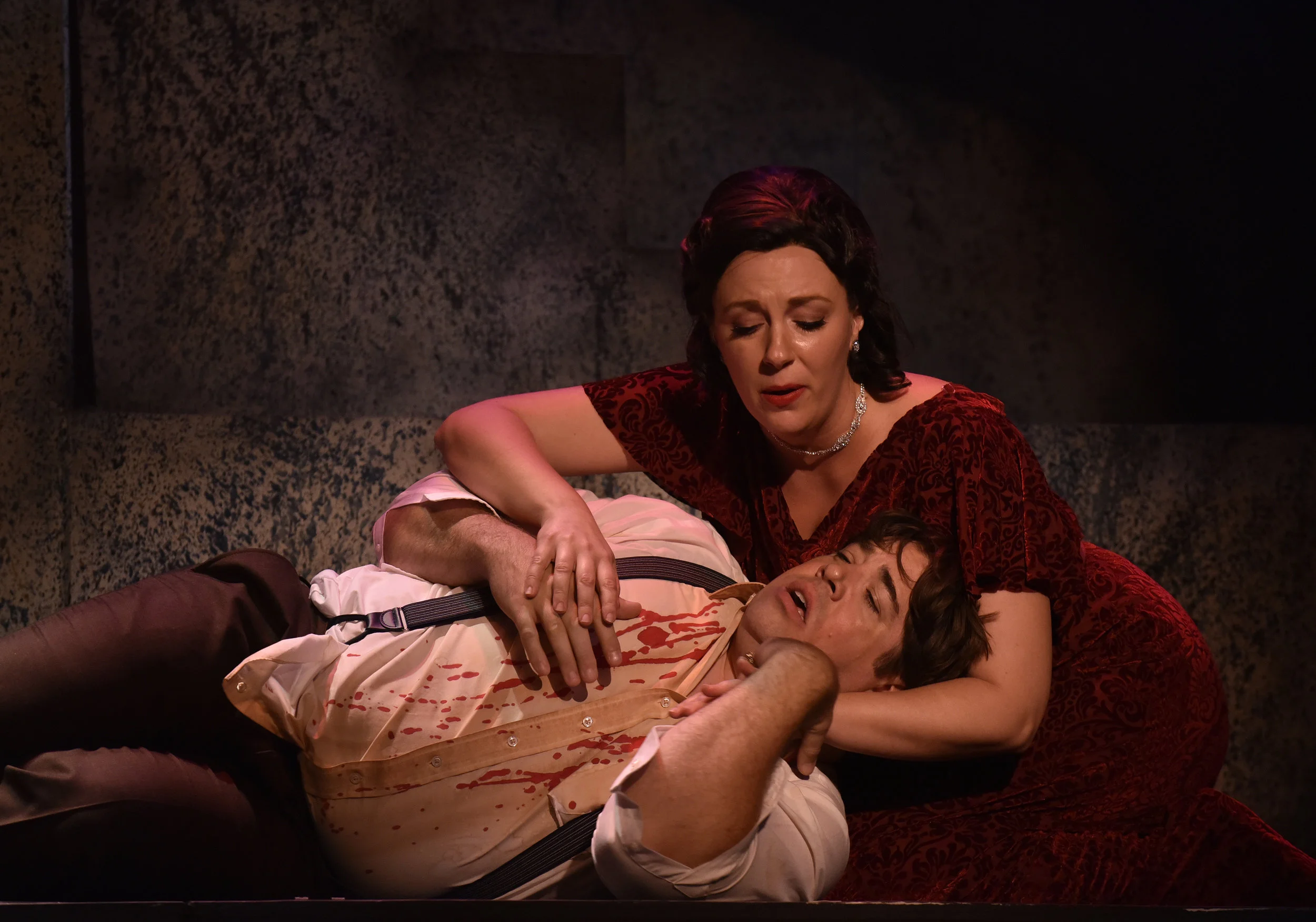  Act II of  Tosca  by Giacomo Puccini Cavaradossi: Joel Burcham Tosca: Nicole Van Every  Stage Director: Rob Glaubitz Costume Design: Becky McGuigan Scenic and Lighting Design: Scott Hynes Photography by Wendy Mutz Photography 