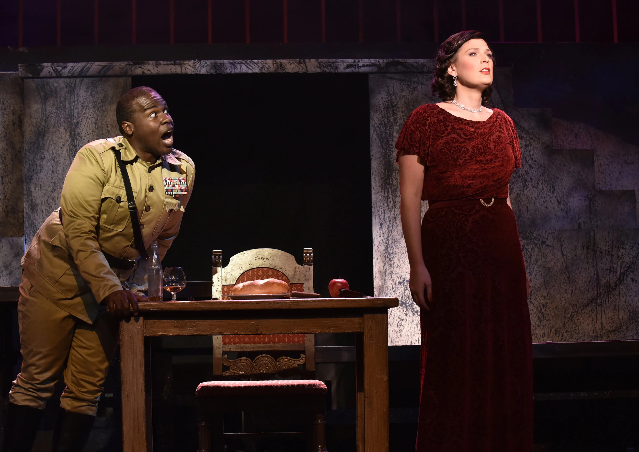  Act II of  Tosca  by Giacomo Puccini Scarpia: Thomas Cannon Tosca: Saira Frank  Stage Director: Rob Glaubitz Costume Design: Becky McGuigan Scenic and Lighting Design: Scott Hynes Photography by Wendy Mutz Photography 