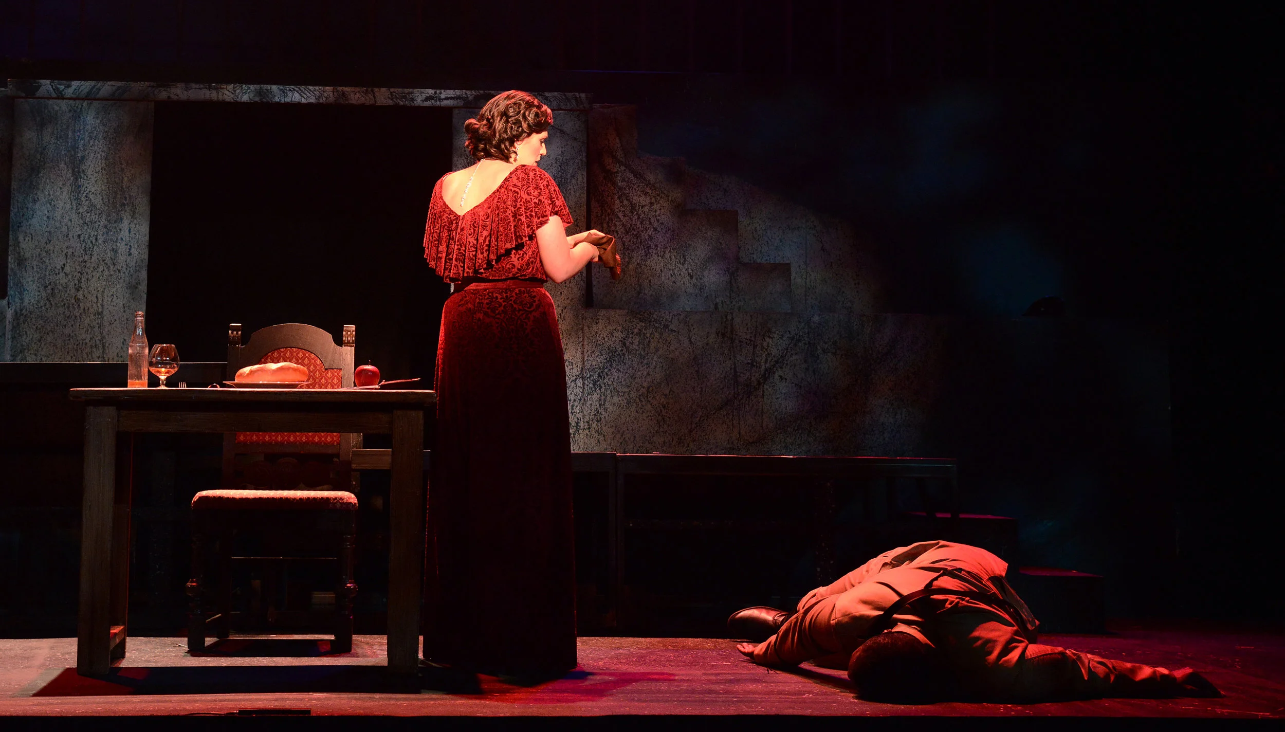  Act II of  Tosca  by Giacomo Puccini Scarpia: Thomas Cannon Tosca: Saira Frank  Stage Director: Rob Glaubitz Costume Design: Becky McGuigan Scenic and Lighting Design: Scott Hynes Photography by Wendy Mutz Photography 