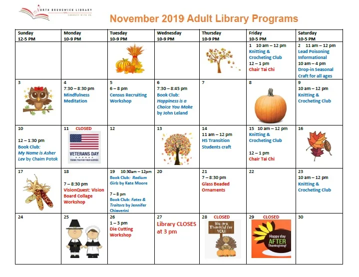 November 2019 Adult Services Calendar