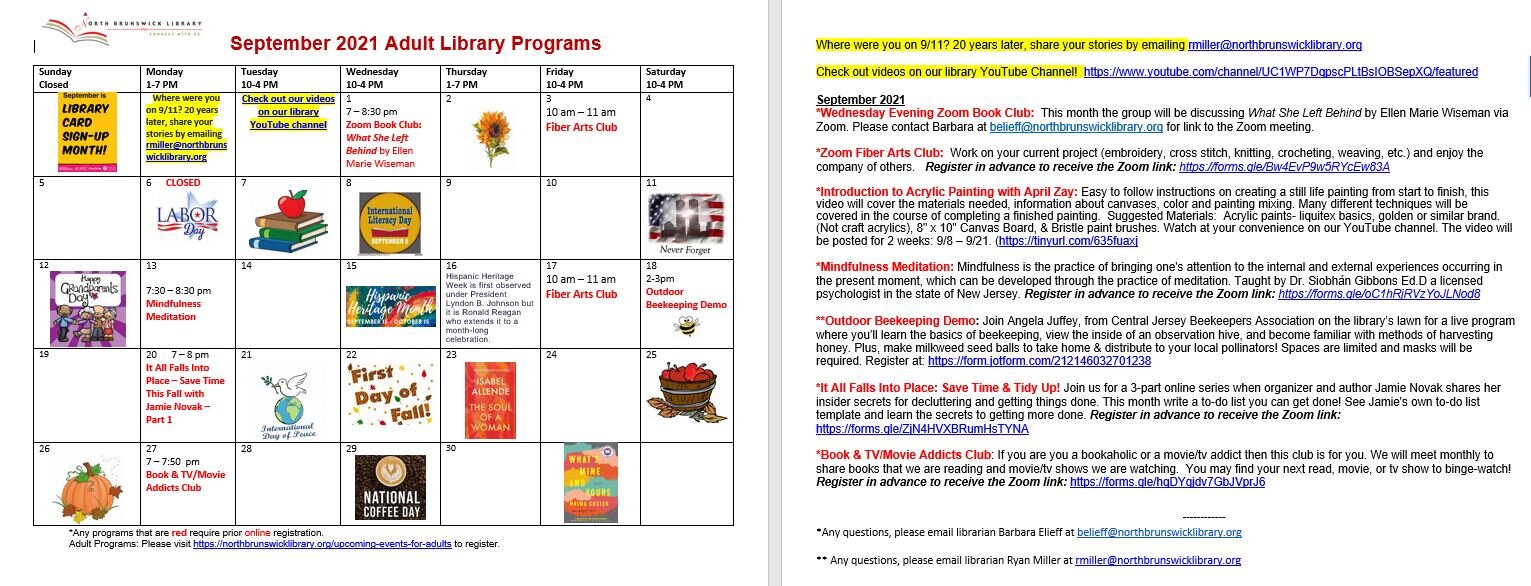 September 2021 Adult Library Programs