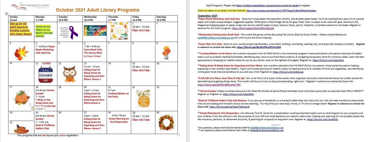 Adult Library Programs Calendar October 2021