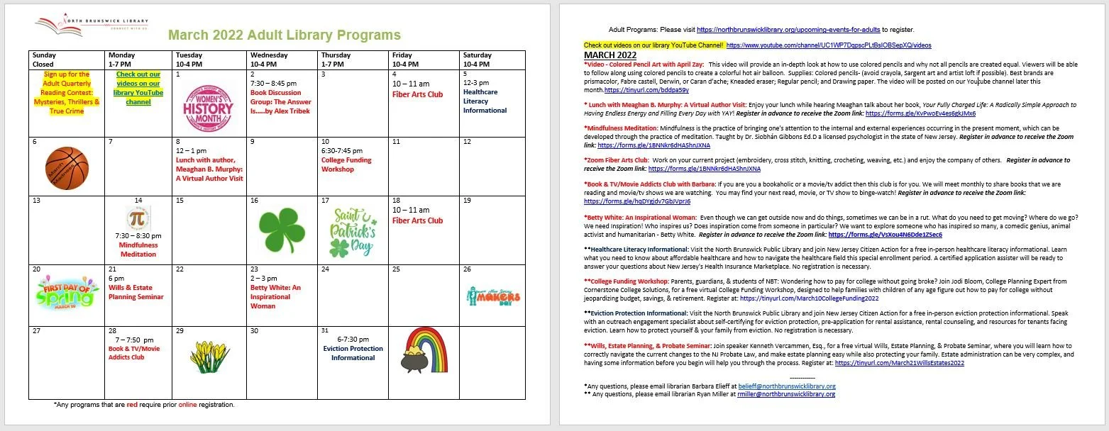 March 2022 Adult Library Programs