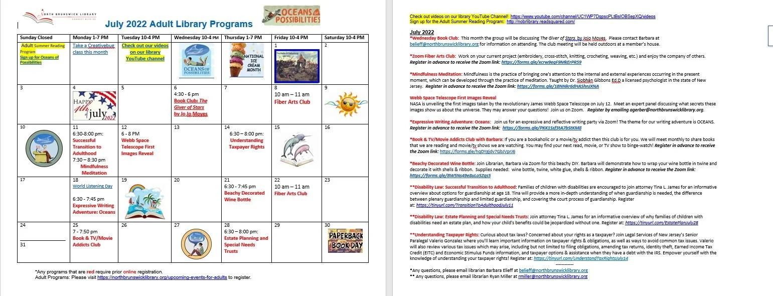 July 2022 Adult Library Programs