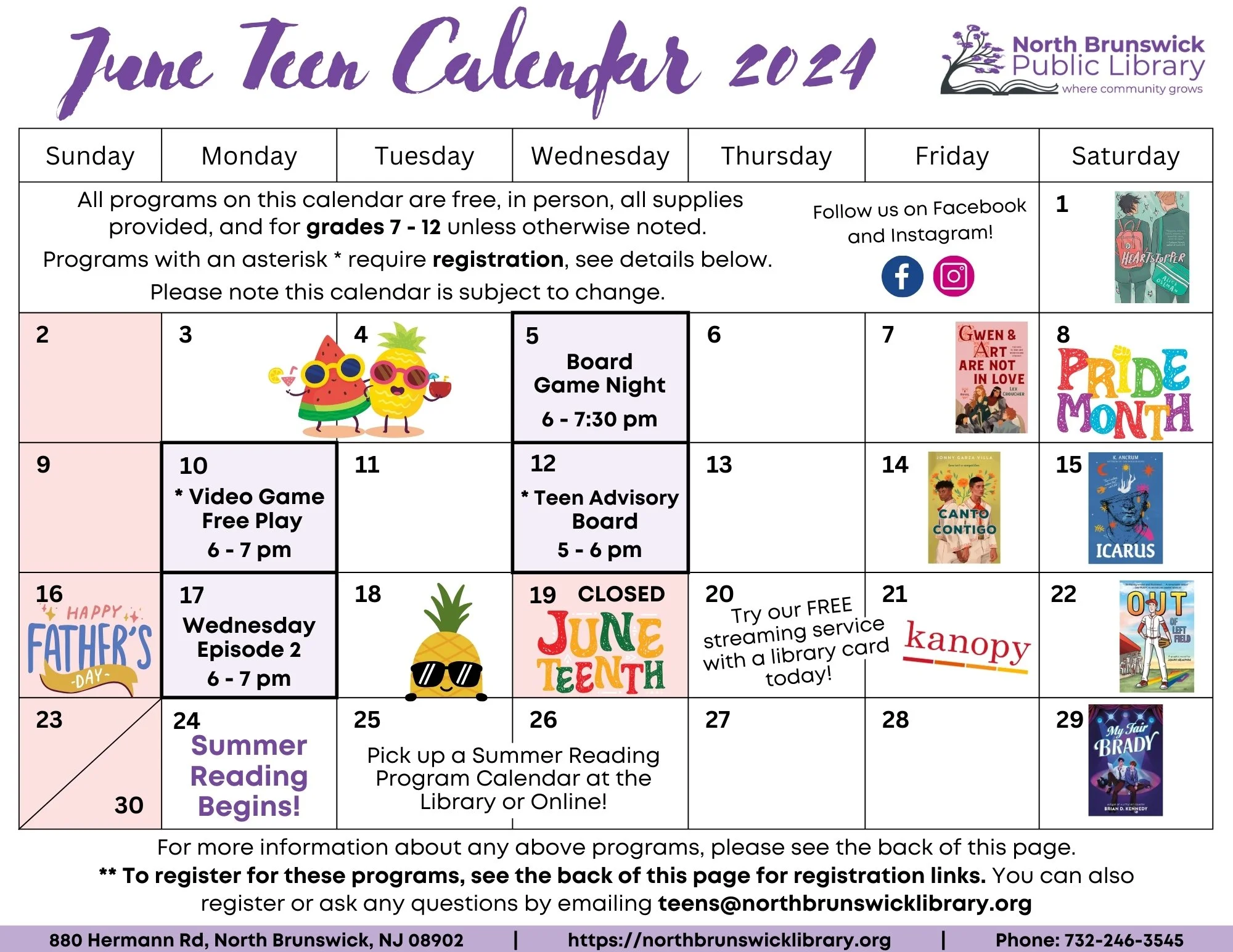 Teen Programs June 2024 Calendar — North Brunswick Public Library