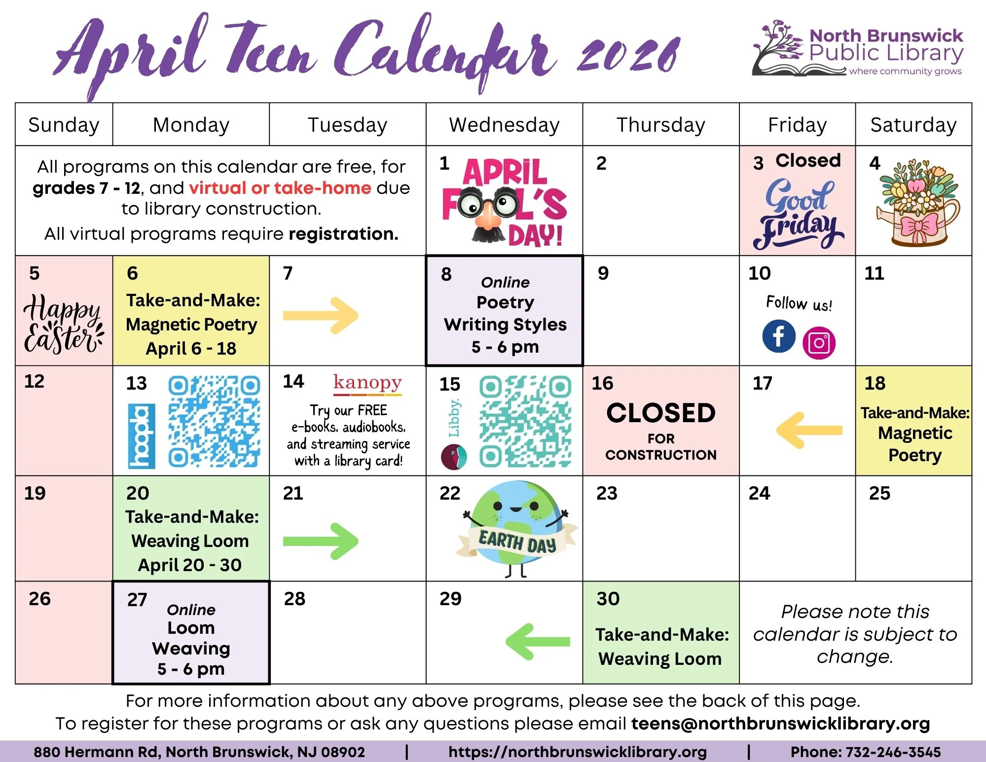 April Teen Calendar 2026