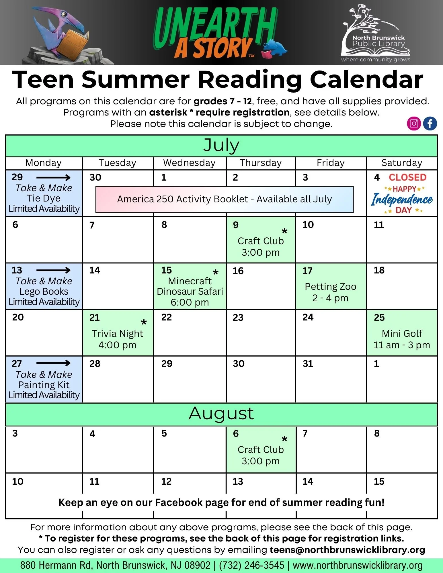 Teen Summer Reading Calendar 2026