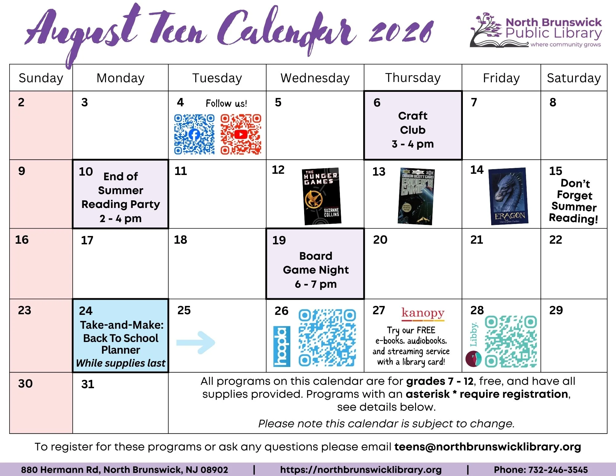 August Teen Calendar 2026