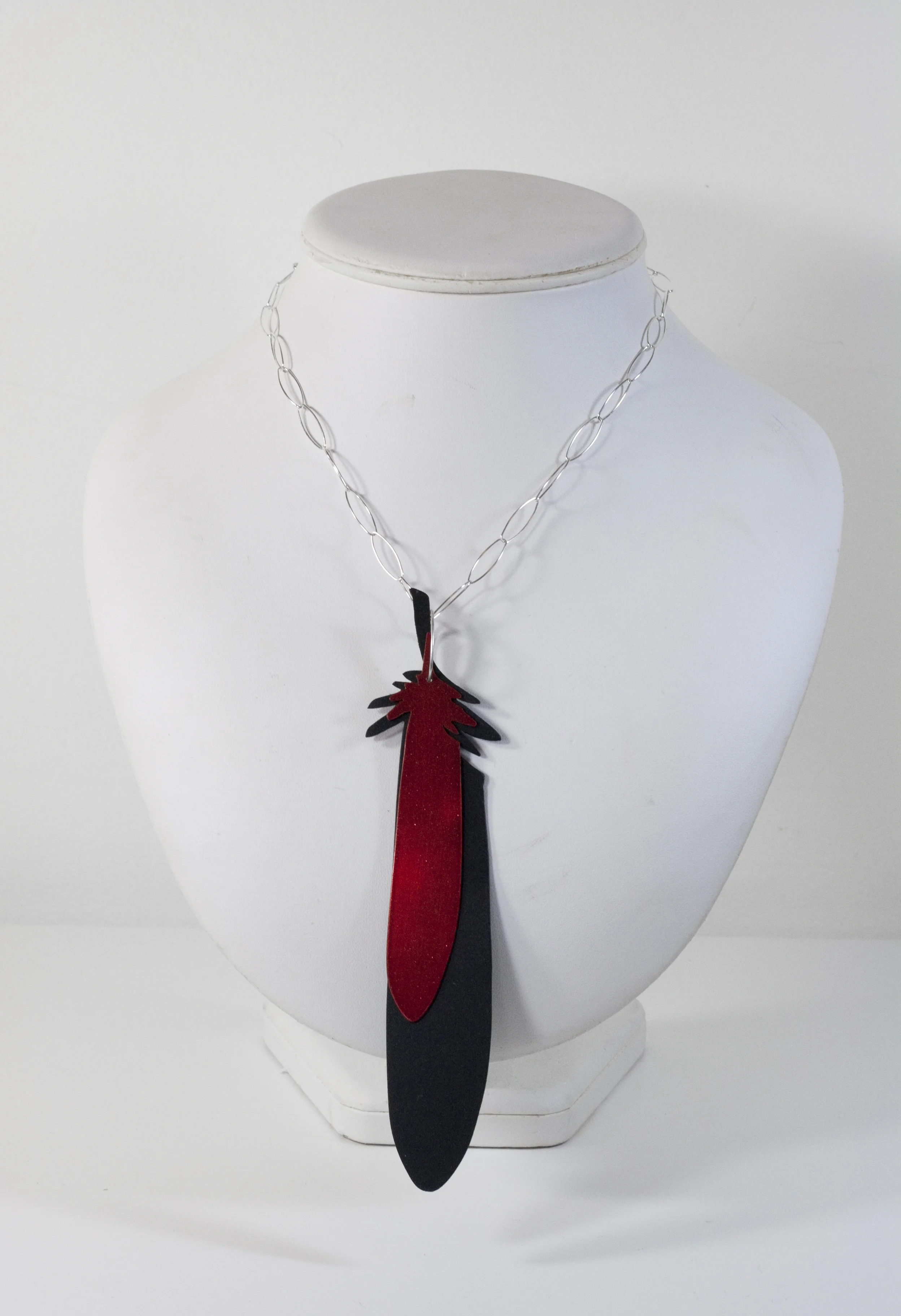 Black and Red Feather Necklace with Silver Chain