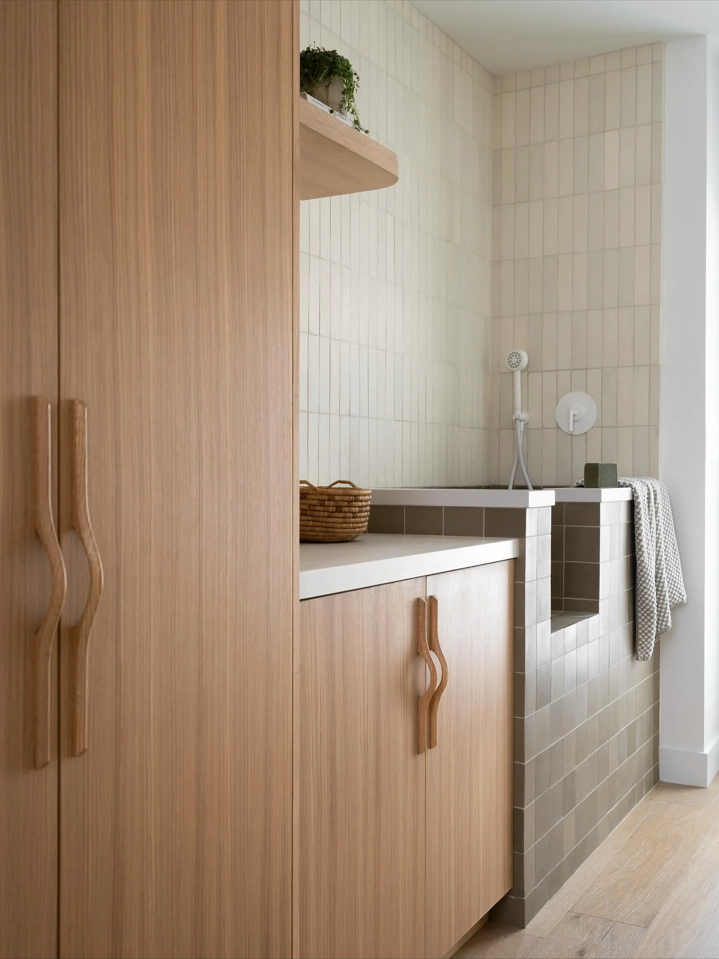 designing for the most important member of the family&hellip; the fur baby 🐶 we spared no details in the dogwash zone, from two-tone tiled walls, a rounded edge on the single floating shelf so the humans don&rsquo;t bang their head whilst washing sa