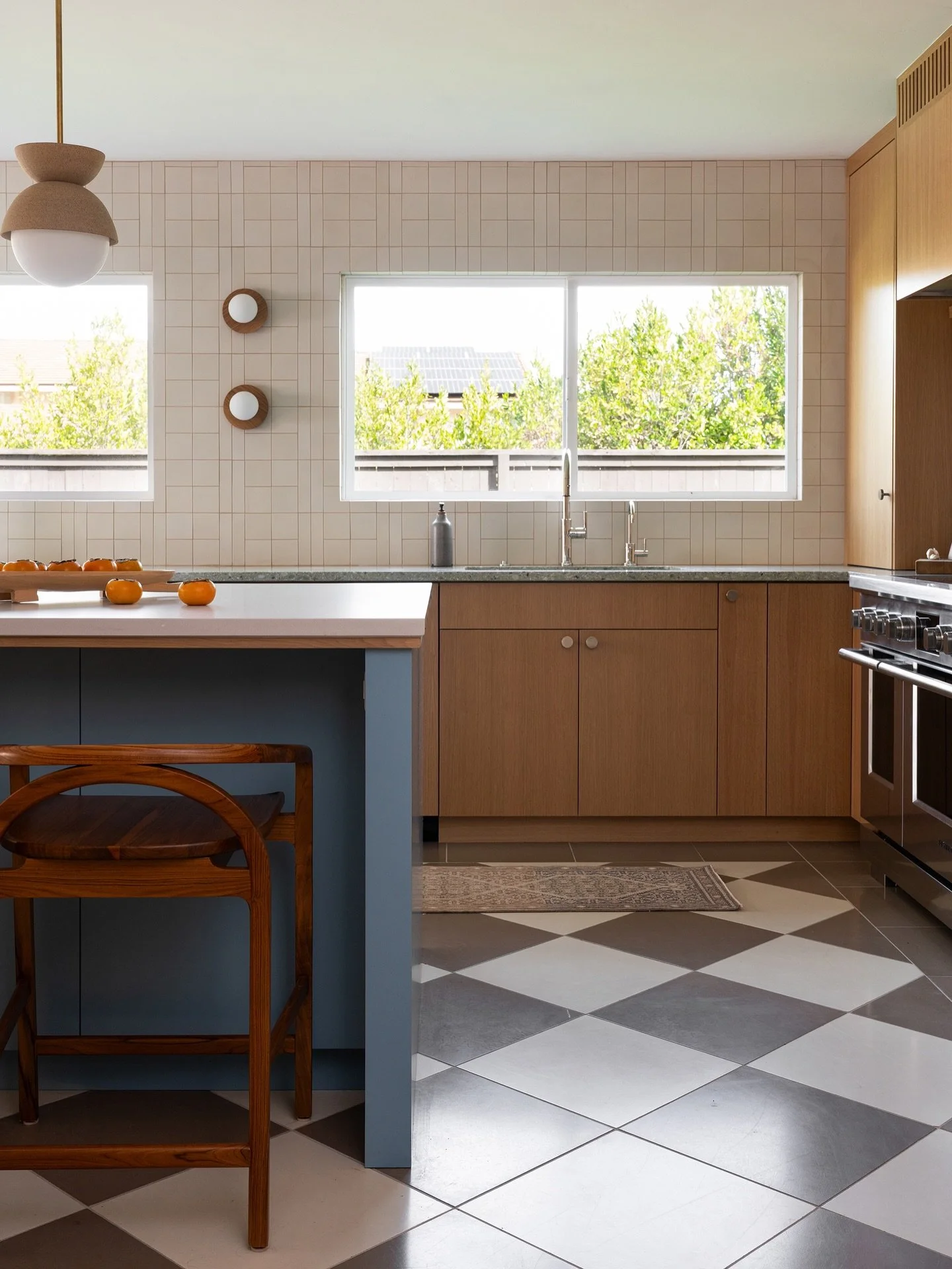 taking you around our #sodangwhimsicoolproject kitchen so get comfy!!! A moment for this tiled floor layout, the full rounded island and wood post/ wood trim under the countertop, the custom oak hood surround with a slatted detail at the top, and one