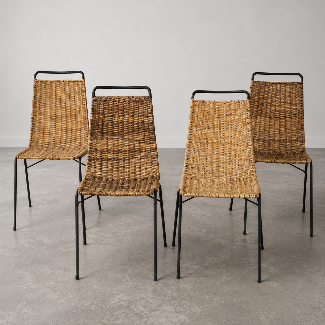Set of Four Vintage Italian Iron & Rattan Side Chairs