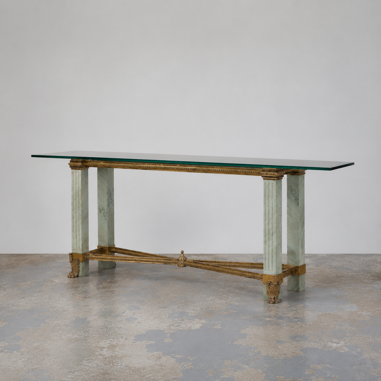 Empire Style Marble & Bronze Console Table with Glass Top