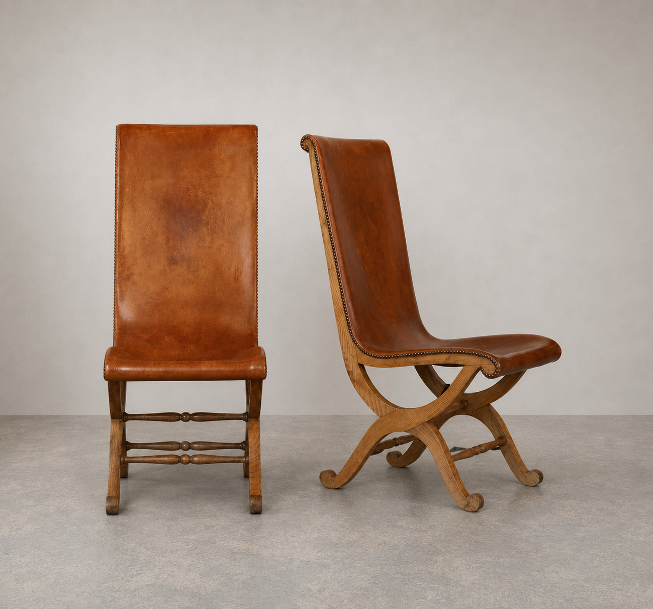 Pair 1940's Spanish Oak Chairs With Leather Seats