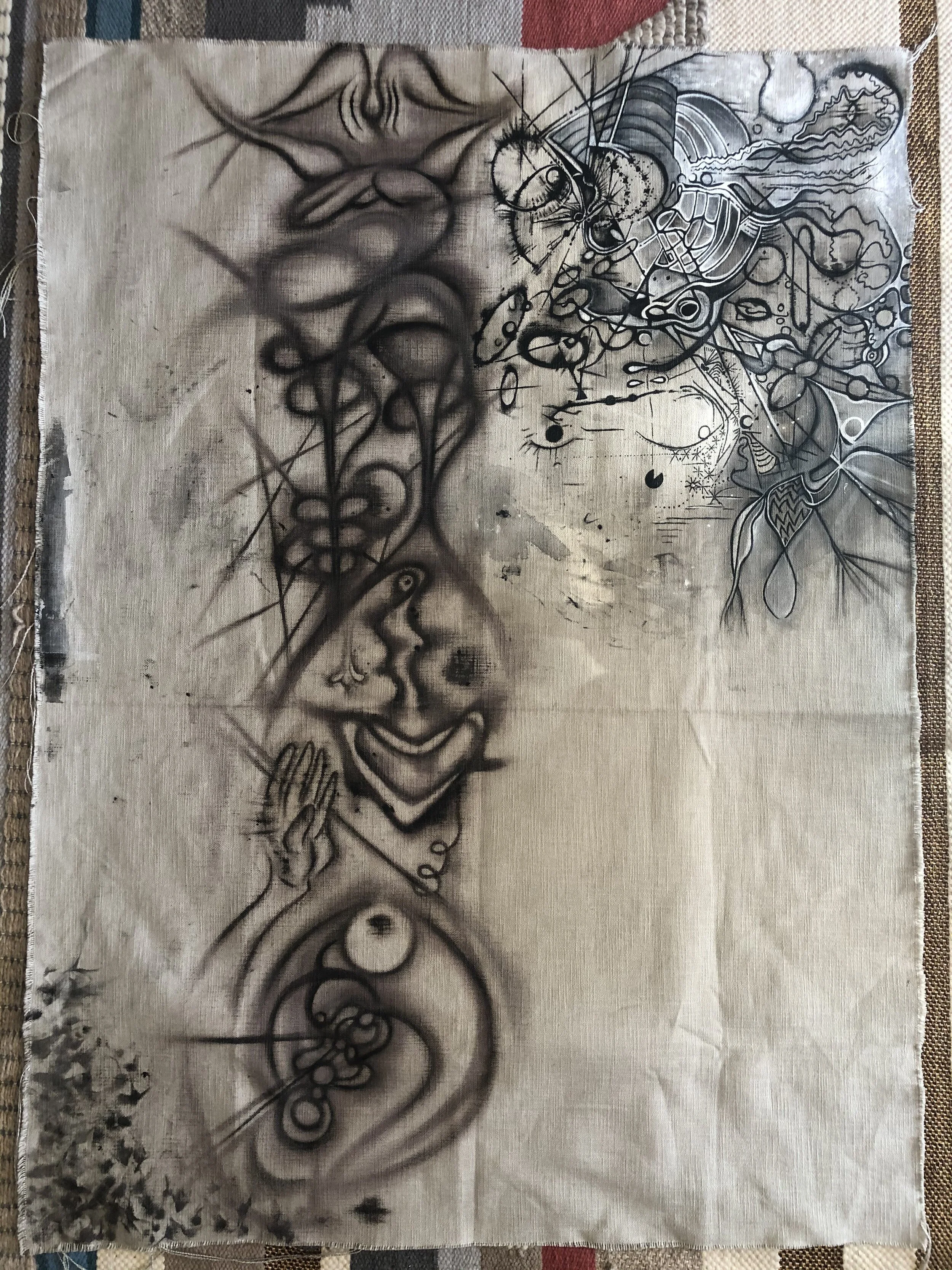  I set out to create a textile to represent the creation of all life forms, from single-celled organisms to the expansive universe, and to explore the characteristics of a potential living fabric. After I finished the first section, a micro-universe 