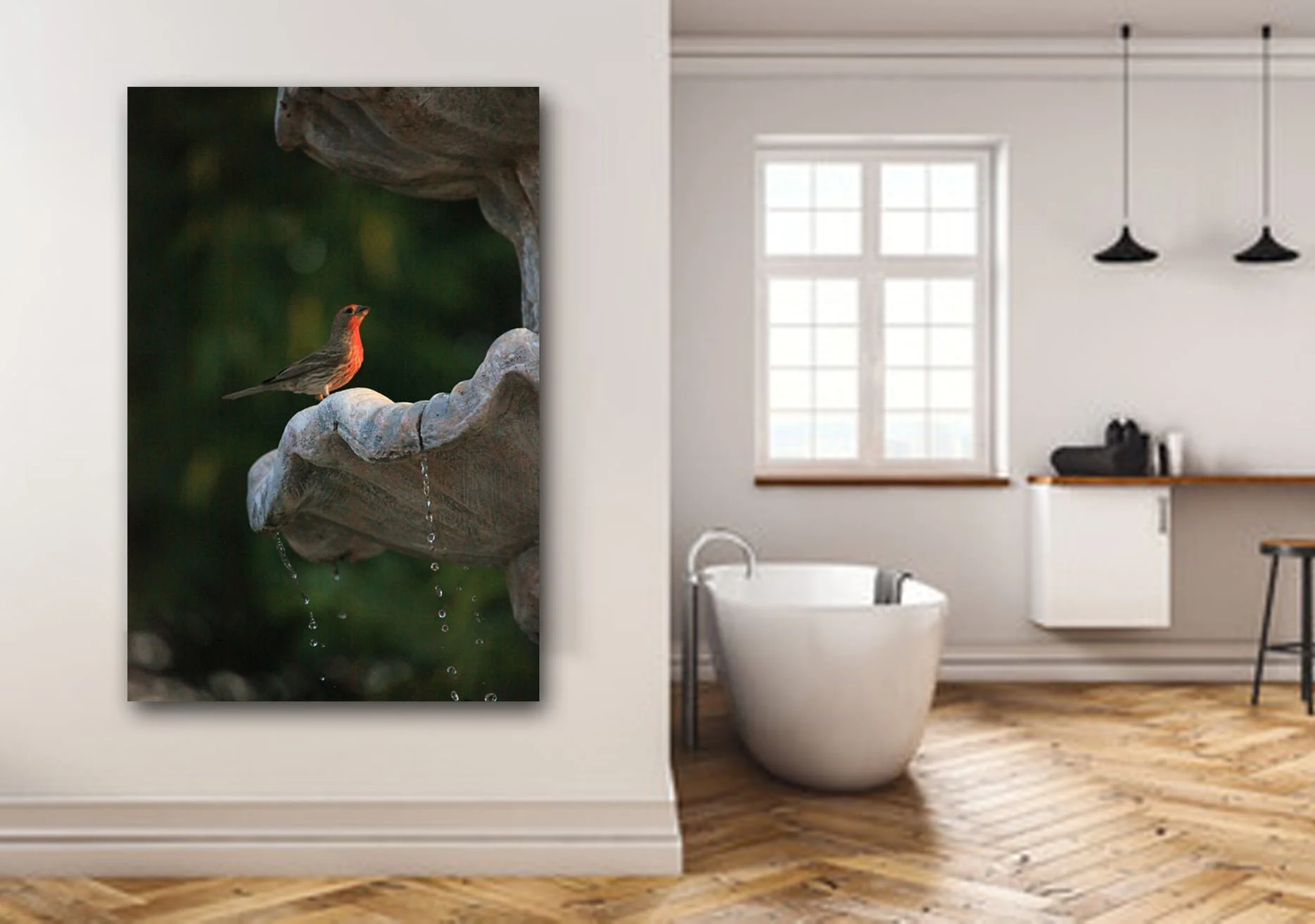 Red Bird in Fountain in Bathroom