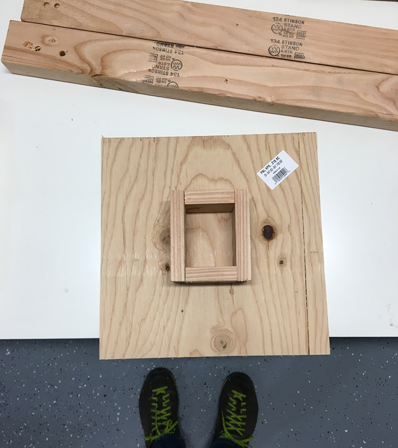 Create the base for the posts. I built a box and attached to a 2ft x 2ft piece of plywood. Now the posts can just slide right into the box.